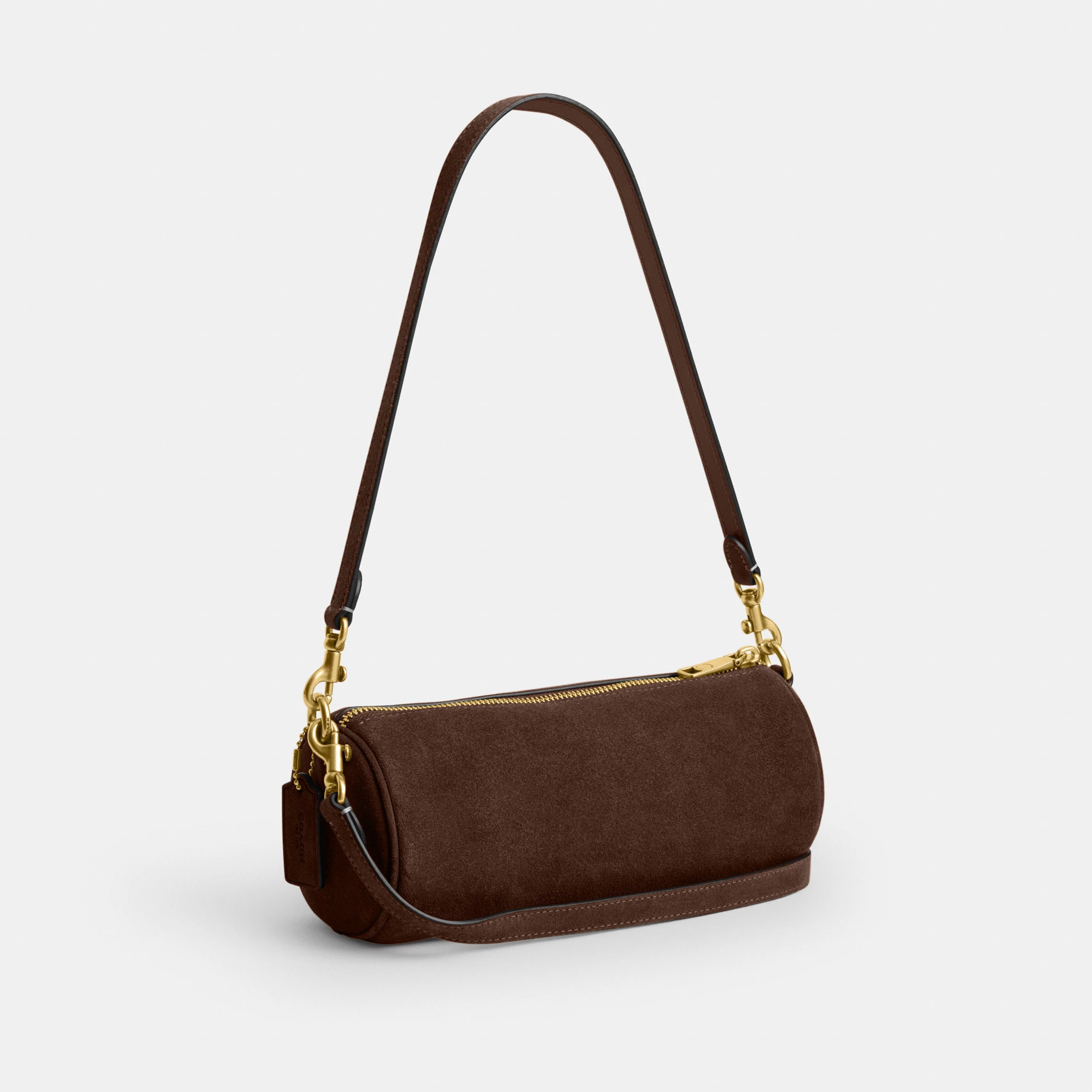 COACH®,Barrel Bag,Calfskin Leather,Suede,Barrel Bag,Pendant,Lined,Adjustable,Brass,Casual,Brown,Angle View