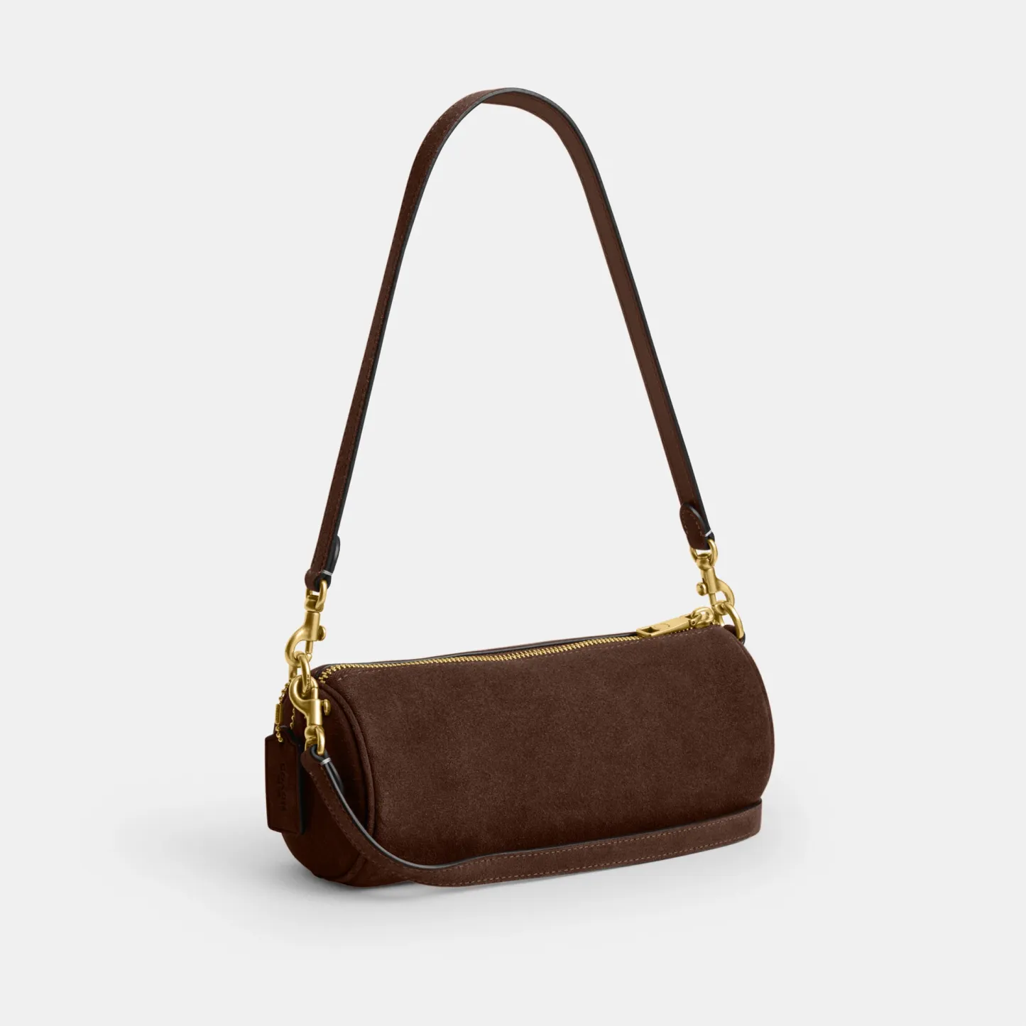 COACH®,Barrel Bag,Calfskin Leather,Suede,Barrel Bag,Pendant,Lined,Adjustable,Brass,Casual,Brown,Angle View