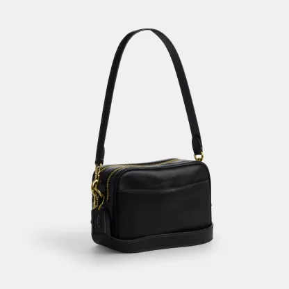 COACH®,Mini Carey Crossbody Bag,Leather,Recycled Polyester,Crossbody,Logo,Metal,Casual,Black,Angle View
