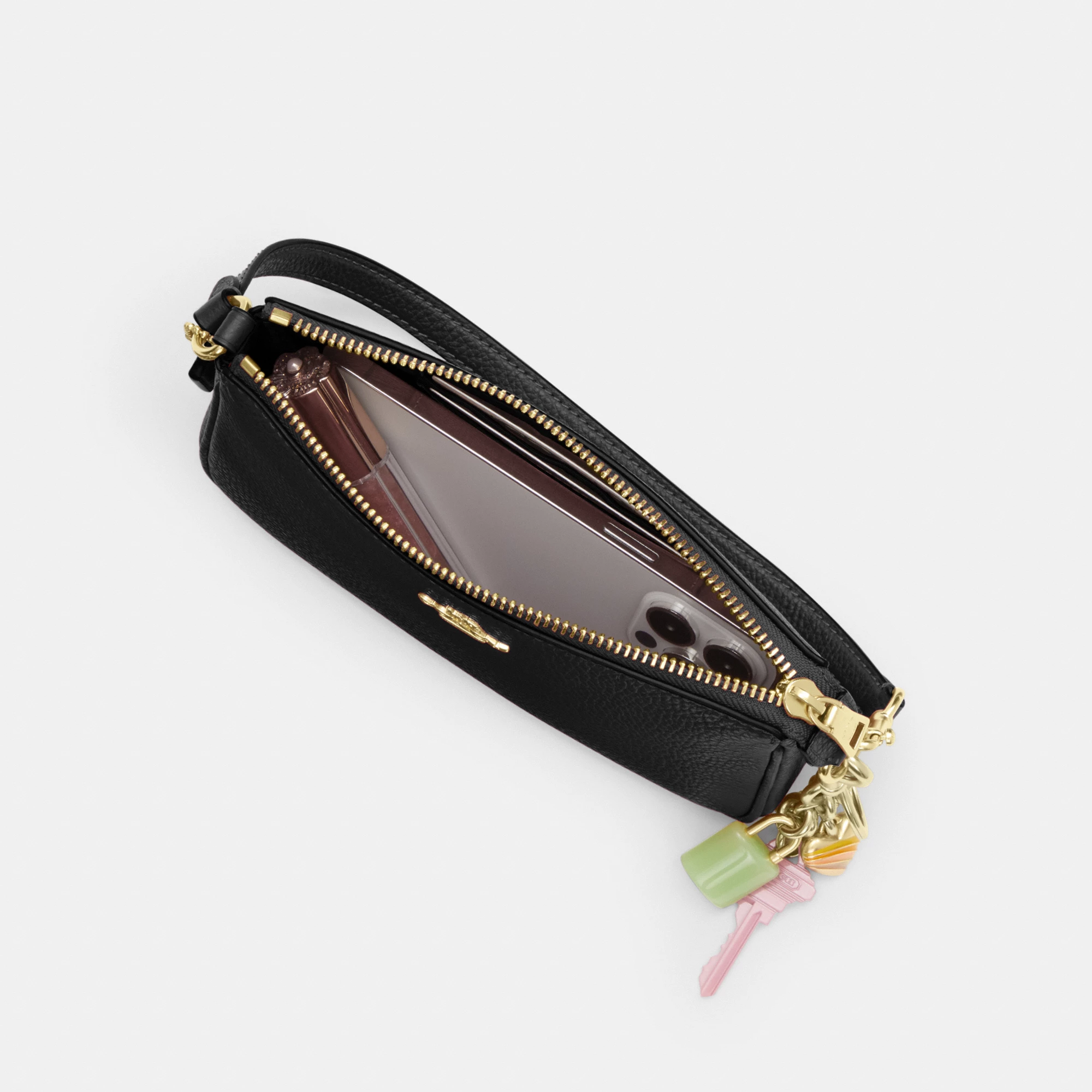 COACH®,Nolita 19,Leather,Pouch,Wristlet,Metal,Logo,Gold Metal,Casual,Black,Inside View,Top View