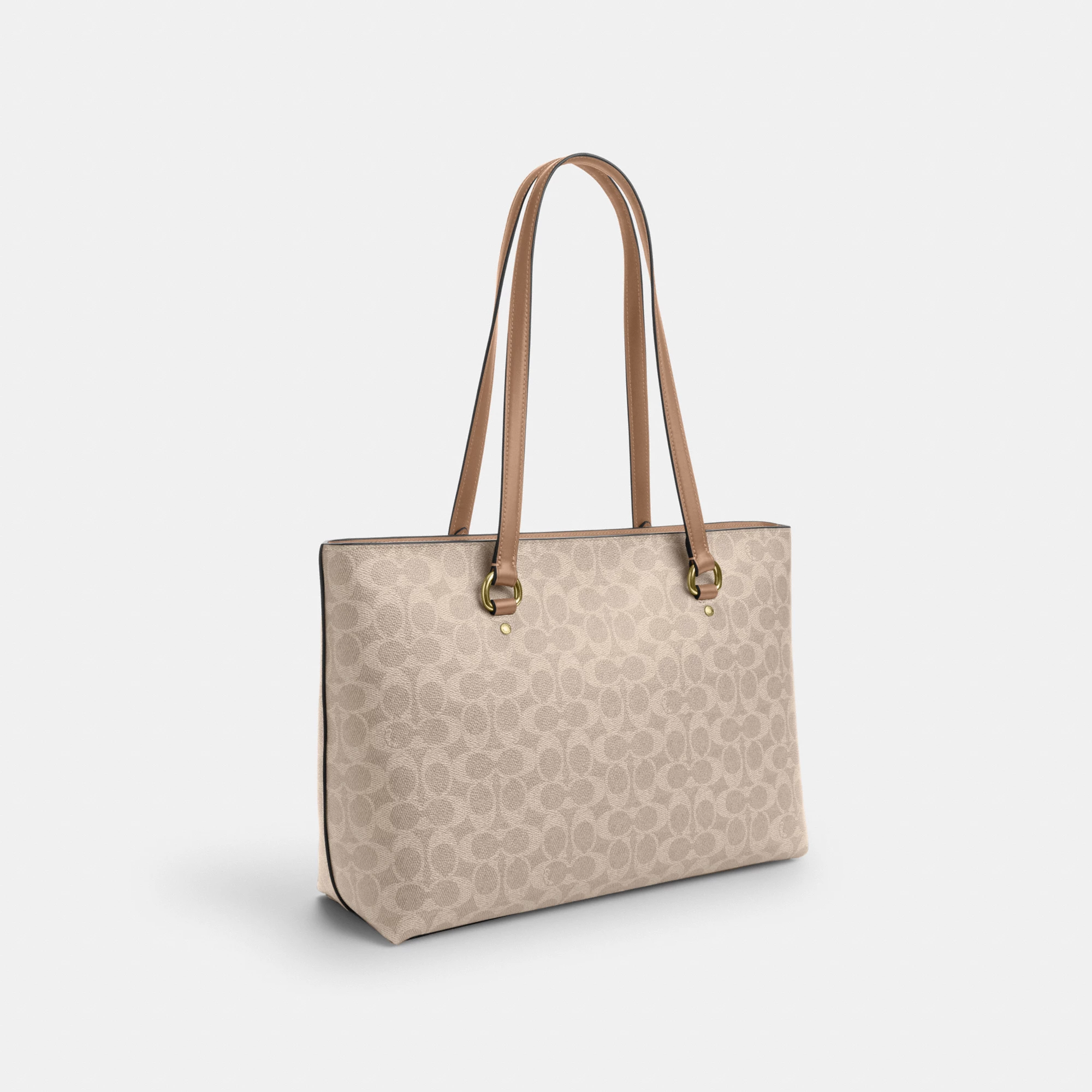 COACH®,Station Tote Bag In Signature Canvas,Canvas,Fabric,Mixed Media,Leather,Tote,Logo,Pattern,Luggage Tag,Lined,Silver M...,Multi Color,Angle View