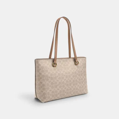 COACH®,Station Tote Bag In Signature Canvas,Canvas,Fabric,Mixed Media,Leather,Tote,Logo,Pattern,Luggage Tag,Lined,Silver M...,Multi Color,Angle View