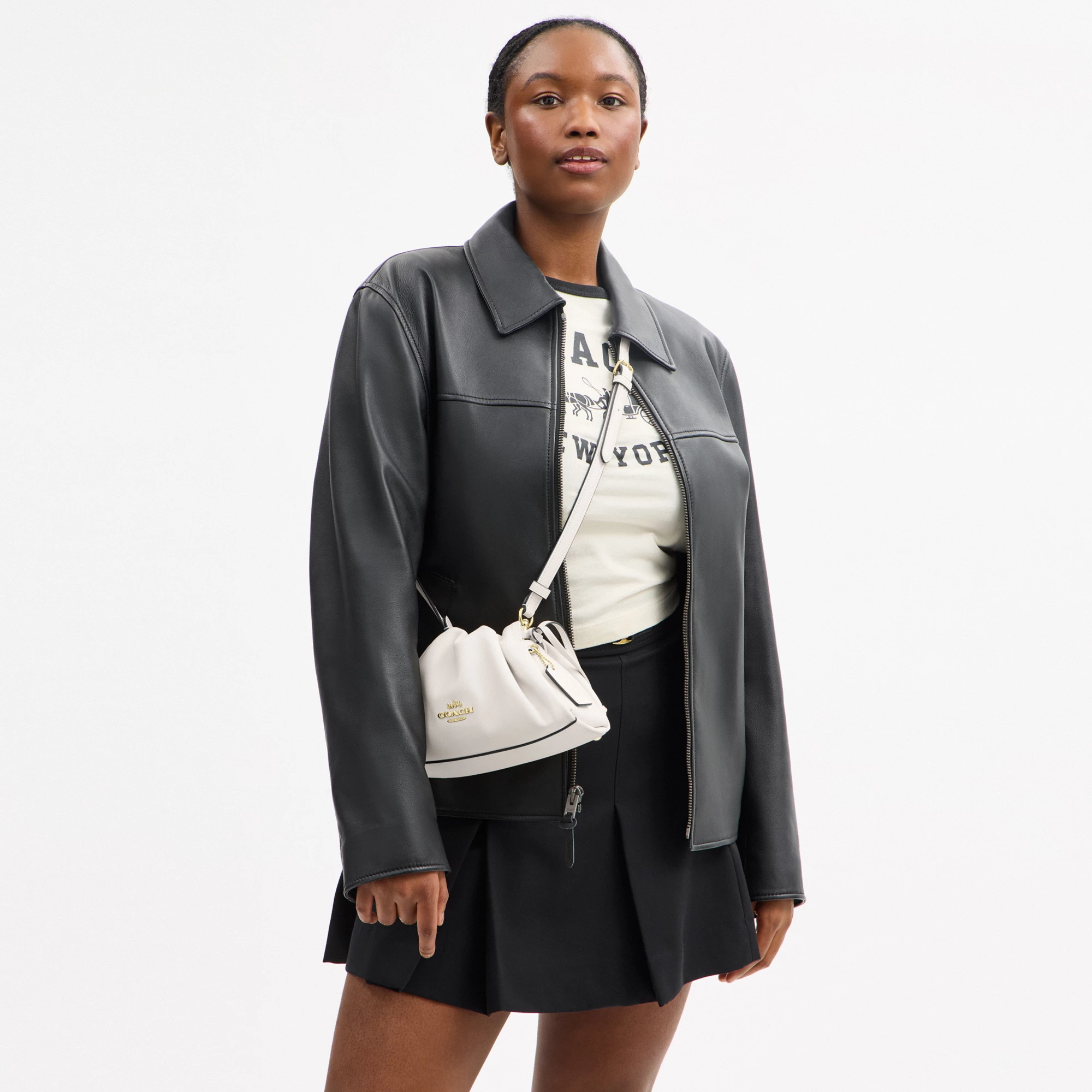 COACH®,Faye Shoulder Bag,Shoulder Bag,Metal,Ball Embellishment,Drawstring,Logo,Casual,White