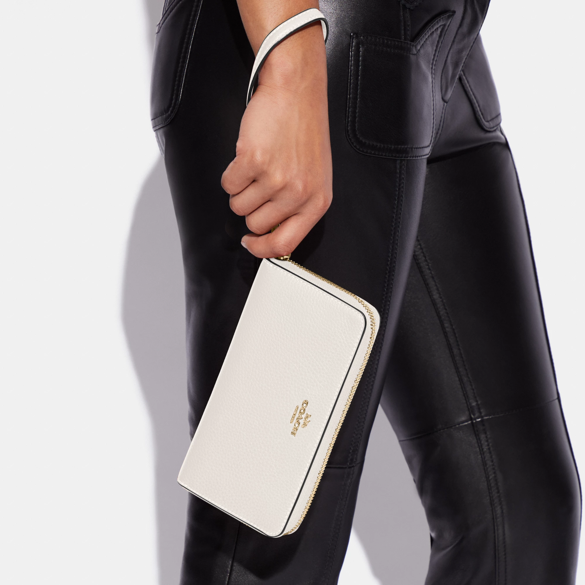 COACH®,Long Zip Around Wallet,Leather,Wristlet,Continental,Gold Metal,Casual,Cream,Detail View