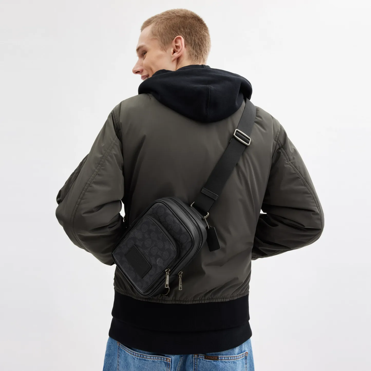 COACH®,Racer Sling Pack In Signature Canvas,Slingback,Color Block,Casual,Black,Detail View
