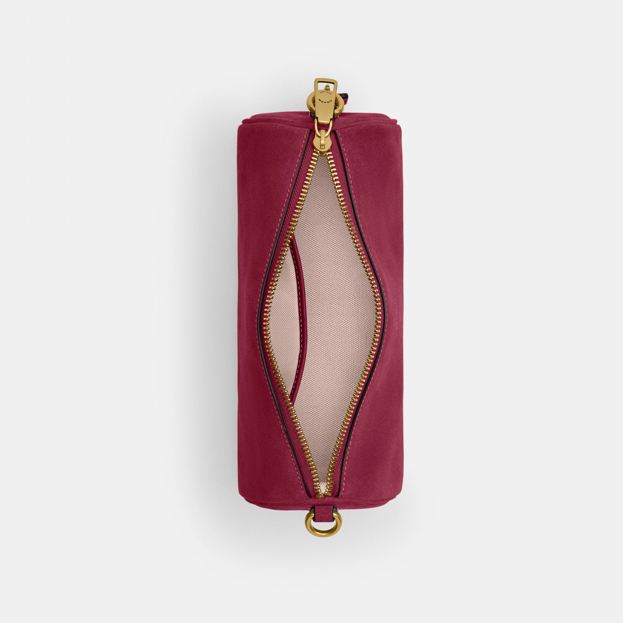 COACH®,Barrel Bag,Calfskin Leather,Suede,Barrel Bag,Pendant,Lined,Adjustable,Brass,Casual,,Inside View,Top View
