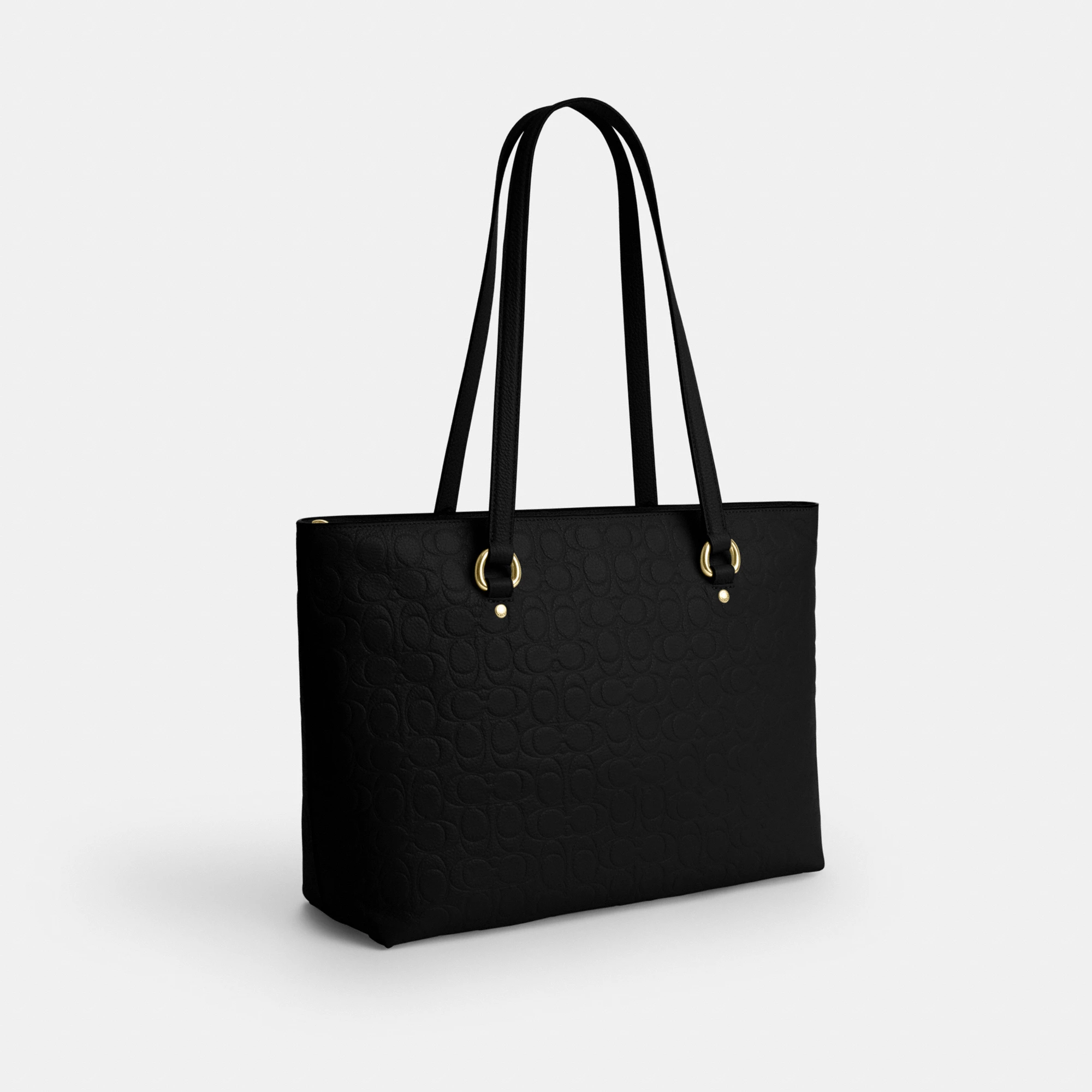 COACH®,Station Tote Bag In Signature Leather,Black,Angle View