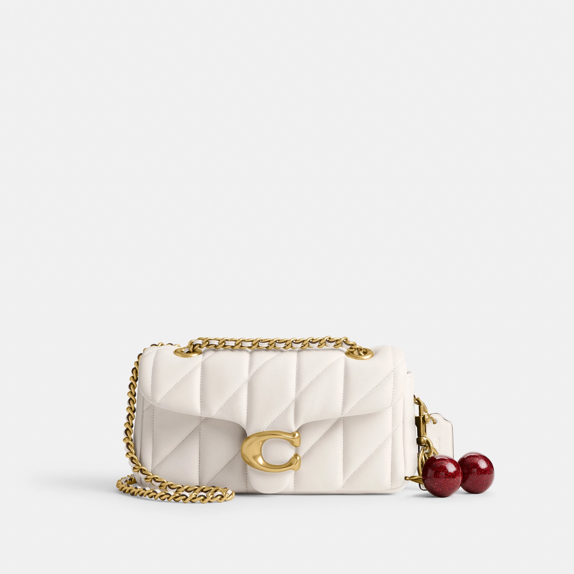 COACH®,Tabby Shoulder Bag 20 With Pillow Quilting,Leather,Shoulder Bag,Chain Detail,Embossed,Logo,Metal,Gold Metal,Day Party,White,Angle View