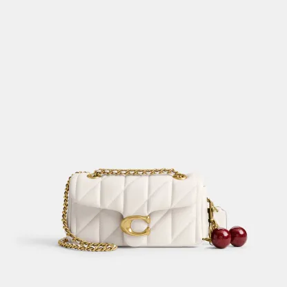 COACH®,Tabby Shoulder Bag 20 With Pillow Quilting,Leather,Shoulder Bag,Chain Detail,Embossed,Logo,Metal,Gold Metal,Day Party,White,Angle View