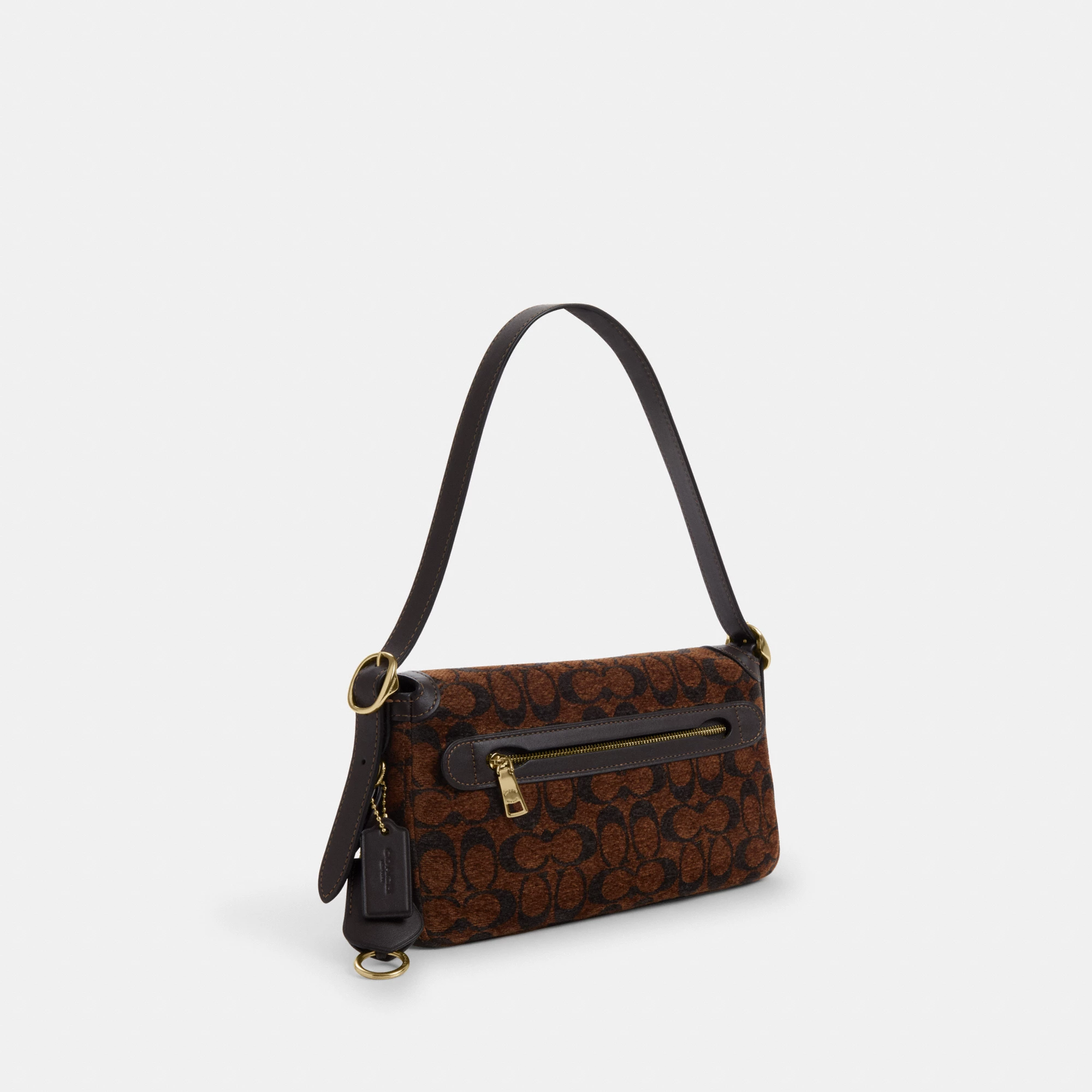 COACH®,Etta Small Flap Shoulder Bag In Signature Chenille,Leather,Fabric,Shoulder Bag,Word Embellishment,Logo,Adjustable,C...,Brown,Angle View
