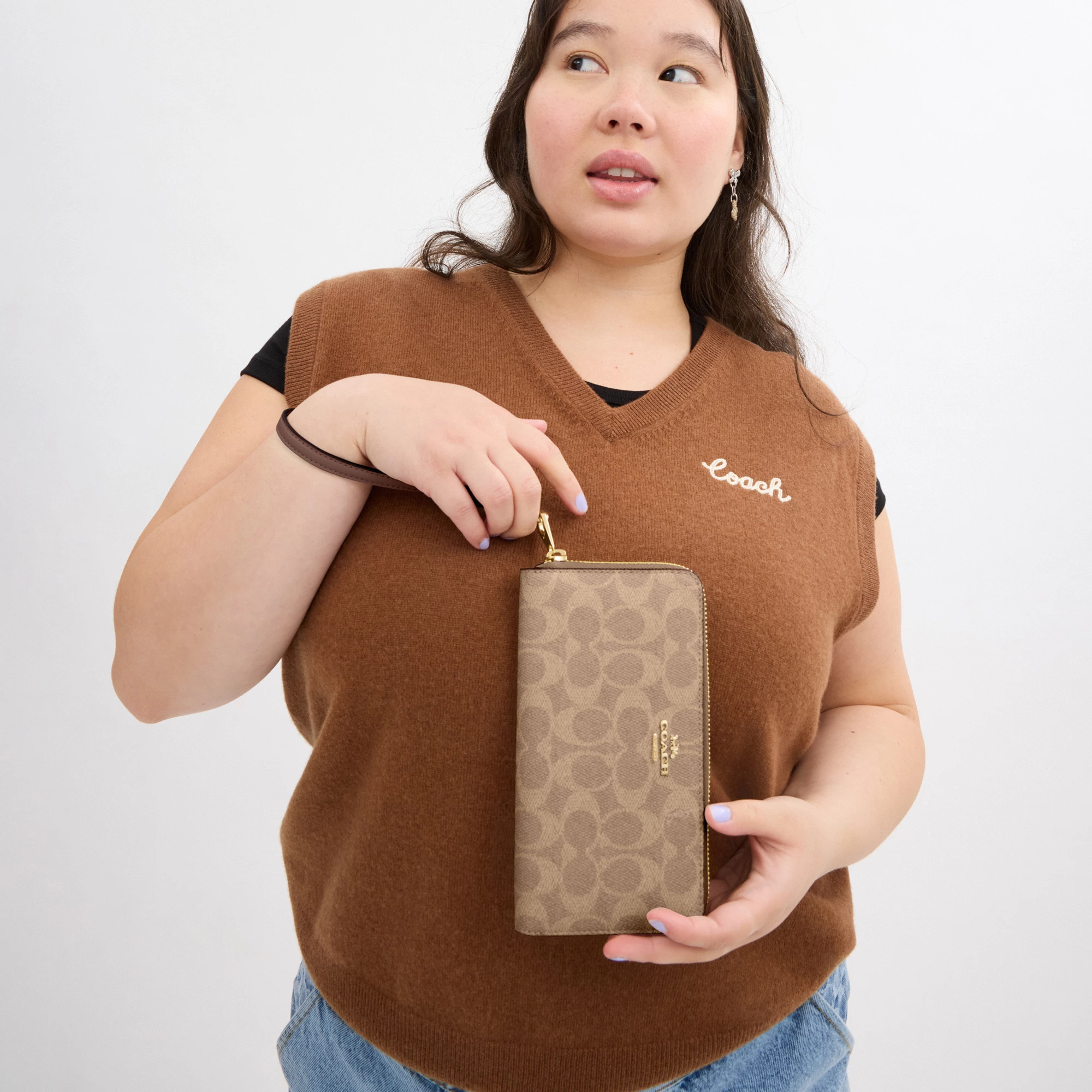 COACH®,Long Zip Around Wallet In Signature Canvas,Continental,Coin,Sustainable,Casual,Beige,Detail View
