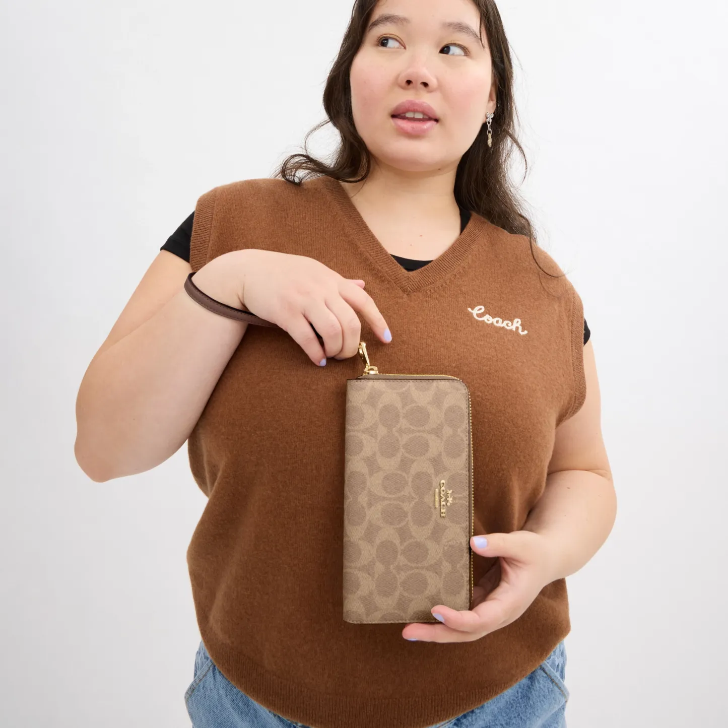 COACH®,Long Zip Around Wallet In Signature Canvas,Continental,Coin,Sustainable,Casual,Beige,Detail View
