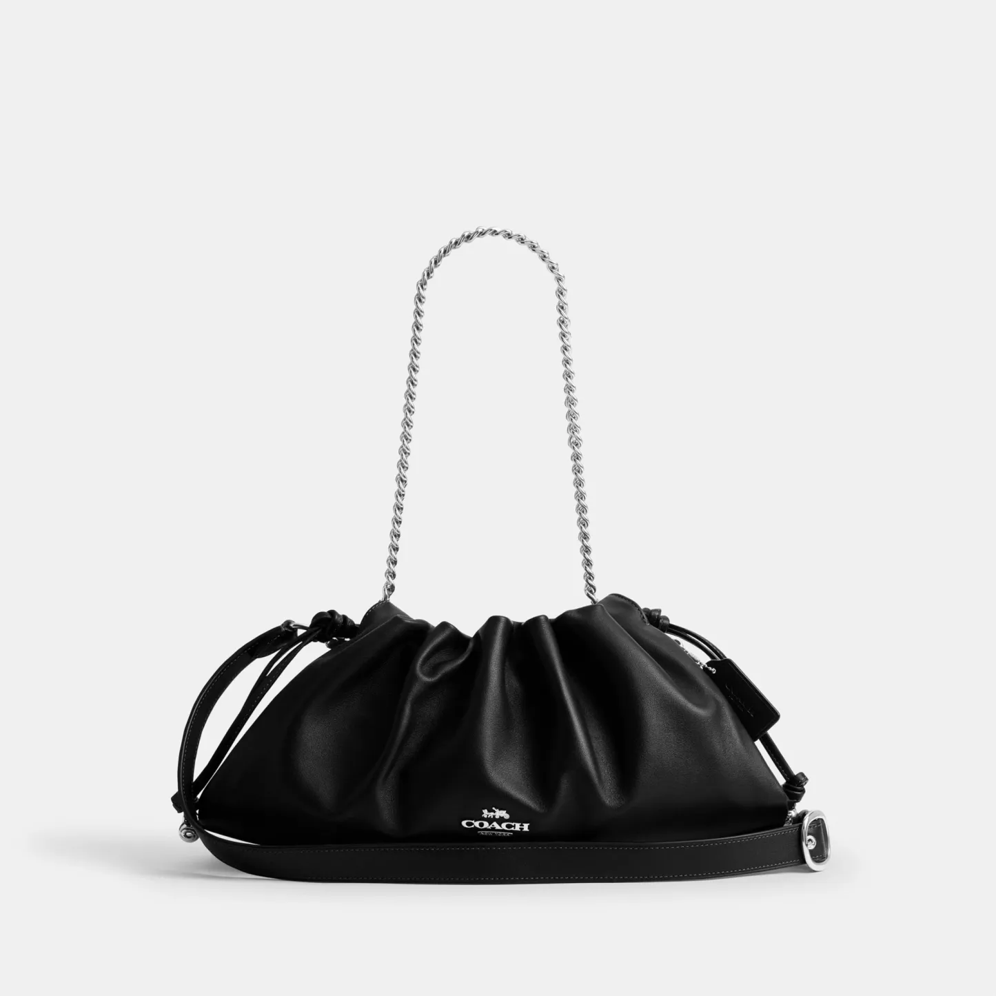 COACH®,Faye Large Shoulder Bag,Leather,Bucket,Logo,Ruched,Metal,Shoulder Guard,Lined,Silver Metal,Day Party,Black,Front View