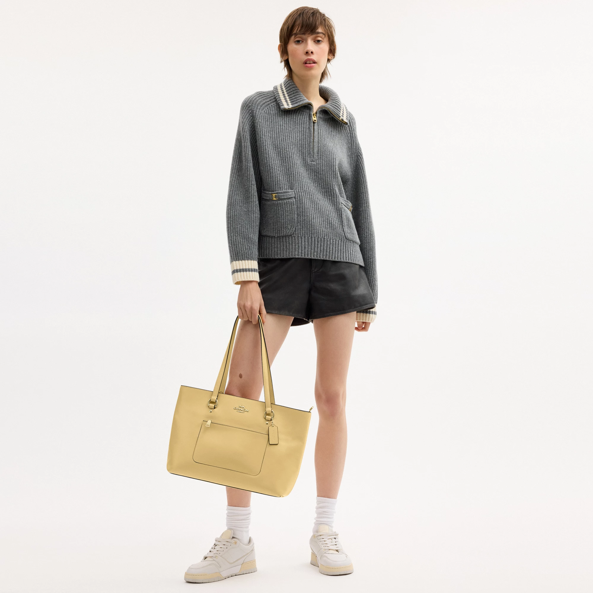 COACH®,Station Tote Bag,Leather,Recycled Polyester,Tote,Logo,Metal,Gold Metal,Work,Cream,Detail View