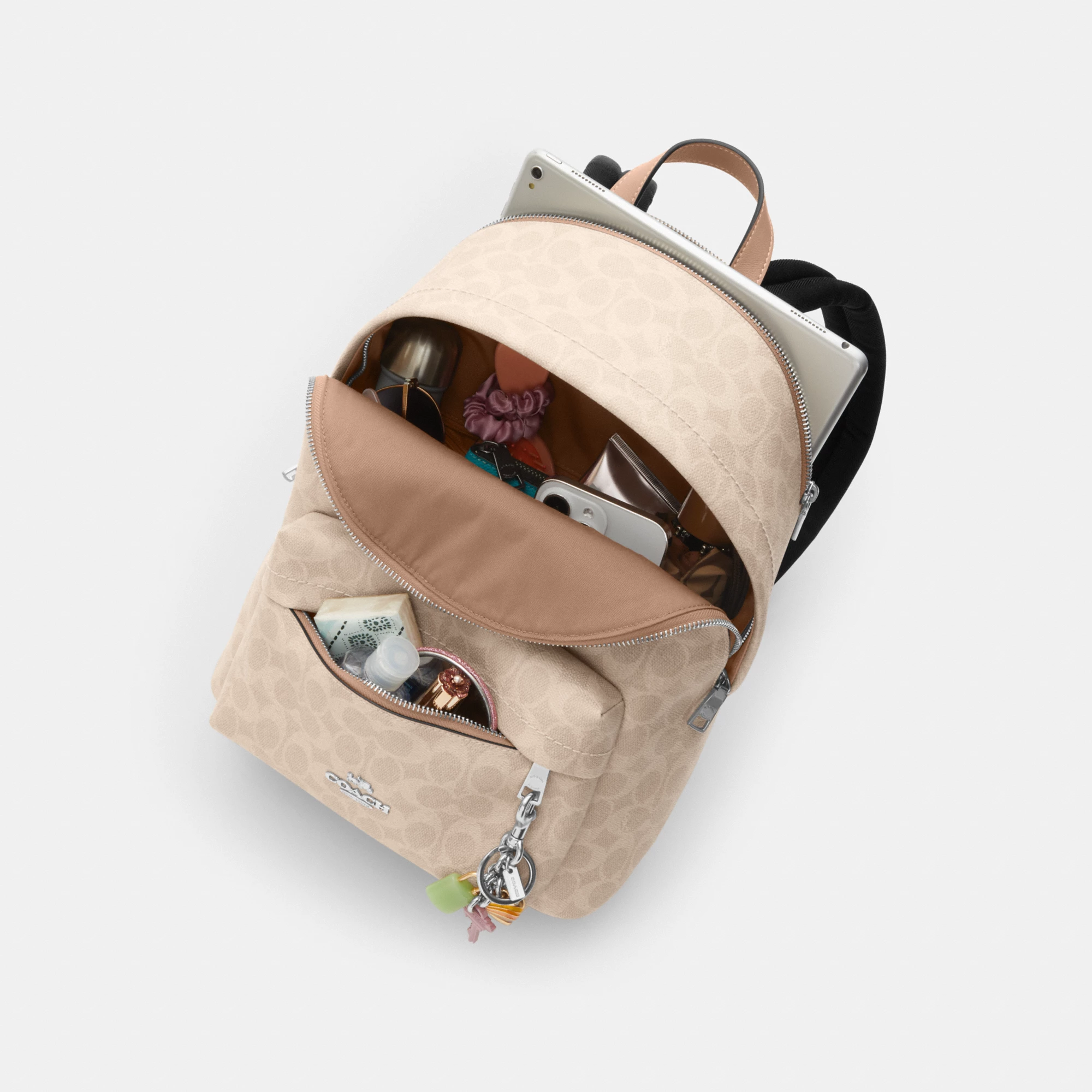 COACH®,Taylor Small Backpack In Signature Canvas,Recycled Polyester,Canvas,Backpack,Metal,Logo,Adjustable,Gold Metal,Casual,Beige,Inside View,Top View