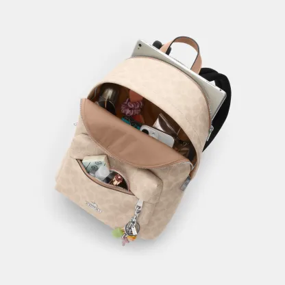 COACH®,Taylor Small Backpack In Signature Canvas,Recycled Polyester,Canvas,Backpack,Metal,Logo,Adjustable,Gold Metal,Casual,Beige,Inside View,Top View