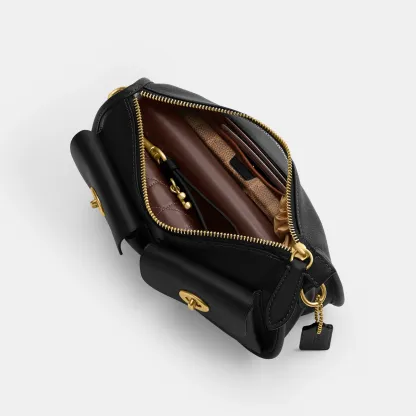 COACH®,Twin Turnlock Waverly Bag,Leather,Cotton,Shoulder Bag,Pendant,Compact,Gold Metal,Day Party,Black,Inside View,Top View