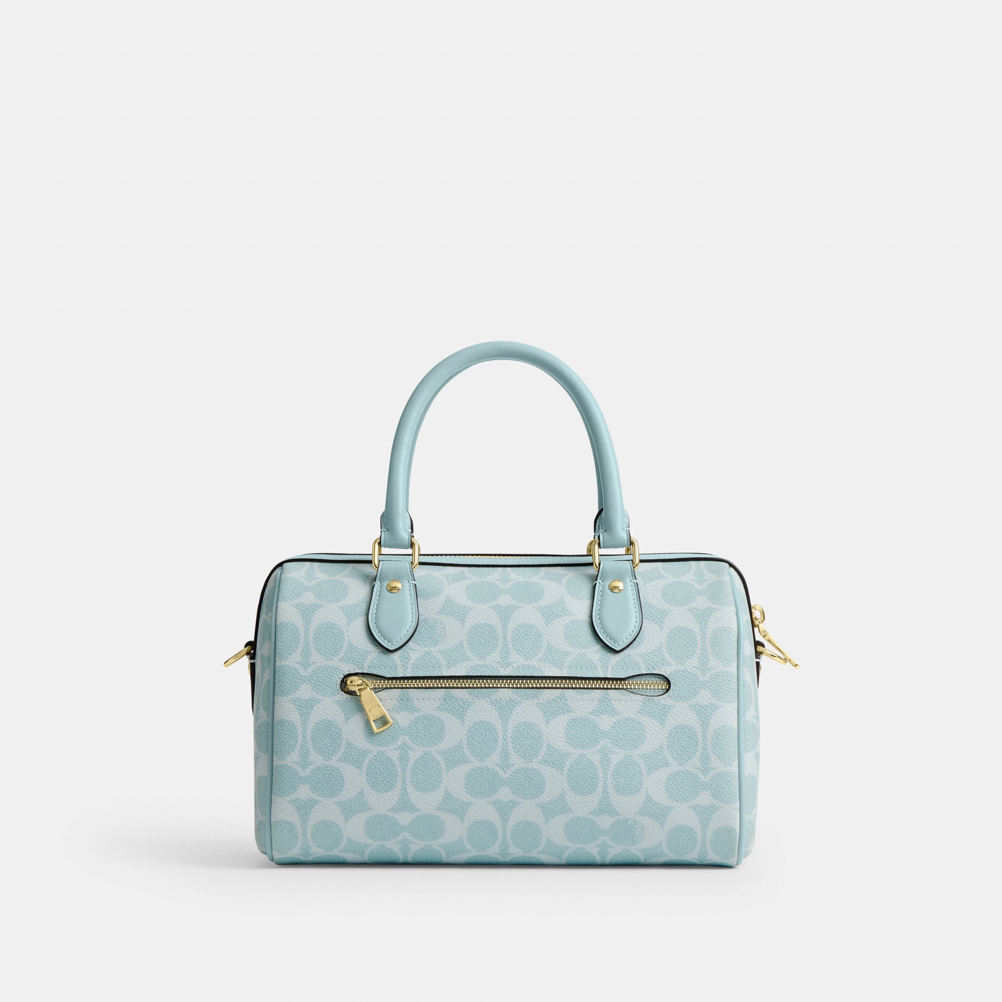 COACH®,Rowan Satchel Bag In Signature Canvas,Recycled Polyester,Canvas,Leather,Satchel,Logo,Adjustable,Gold Metal,Casual,Blue,Back View