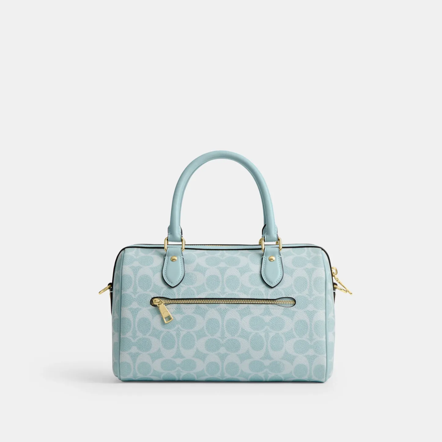 COACH®,Rowan Satchel Bag In Signature Canvas,Recycled Polyester,Canvas,Leather,Satchel,Logo,Adjustable,Gold Metal,Casual,Blue,Back View
