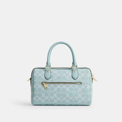 COACH®,Rowan Satchel Bag In Signature Canvas,Recycled Polyester,Canvas,Leather,Satchel,Logo,Adjustable,Gold Metal,Casual,Blue,Back View
