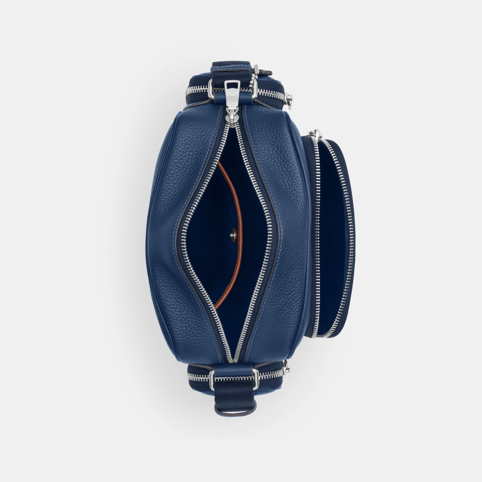 COACH®,Fletcher Crossbody Bag,Leather,Crossbody,Metal Material,Metal,Sustainable,Adjustable,Silver Metal,Casual,Blue,Inside View,Top View