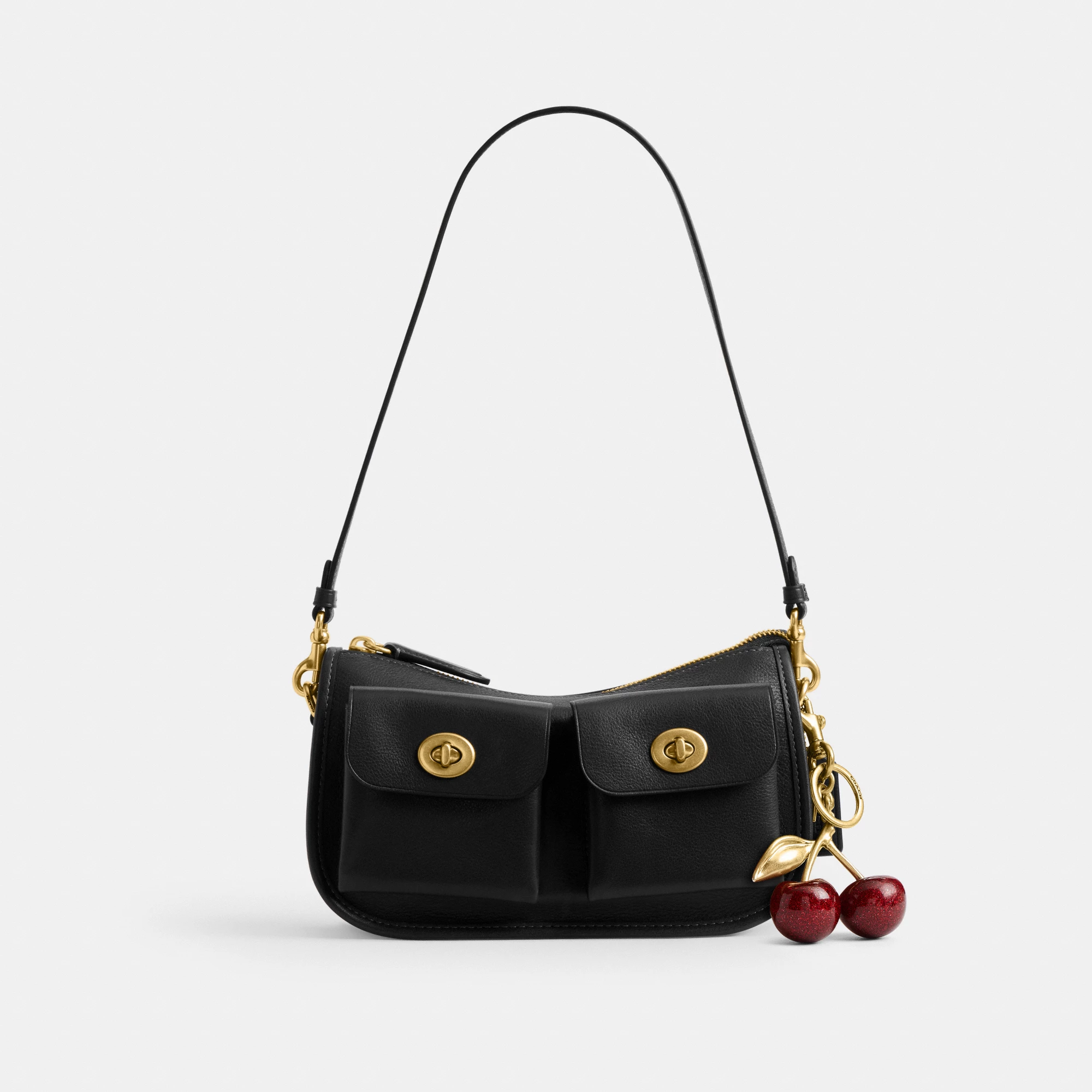 COACH®,Twin Turnlock Waverly Bag,Leather,Cotton,Shoulder Bag,Pendant,Compact,Gold Metal,Day Party,Black,Angle View