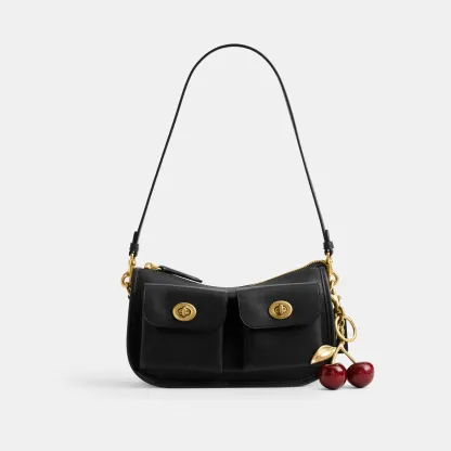 COACH®,Twin Turnlock Waverly Bag,Leather,Cotton,Shoulder Bag,Pendant,Compact,Gold Metal,Day Party,Black,Angle View