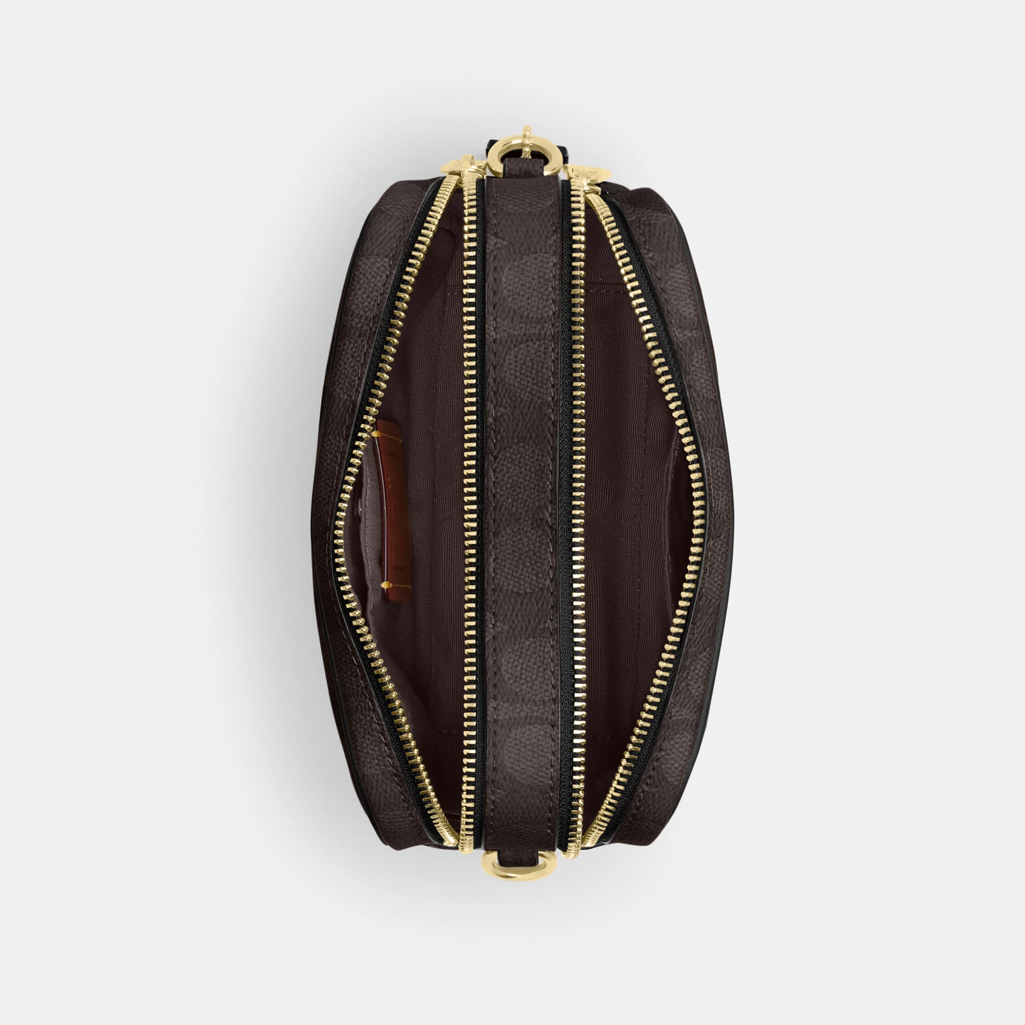 COACH®,Mini Carey Crossbody Bag In Signature Canvas,Polyester,Leather,Canvas,Crossbody,Metal Material,Logo,Metal,Piping,Pe...,Brown,Inside View,Top View
