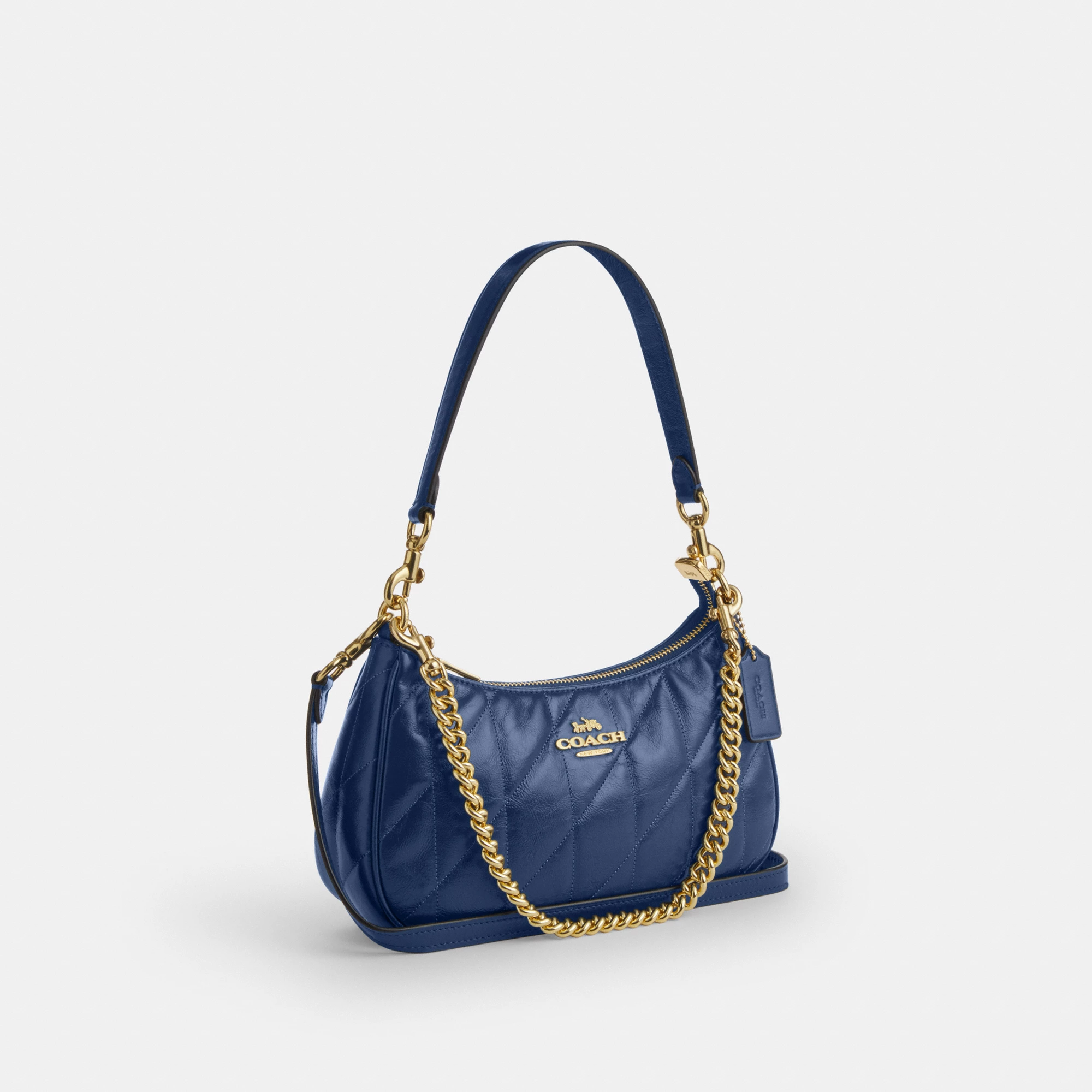 COACH®,Teri Shoulder Bag With Quilting,Recycled Polyester,Leather,Shoulder Bag,Metal,Logo,Silver Metal,Casual,Blue,Angle View