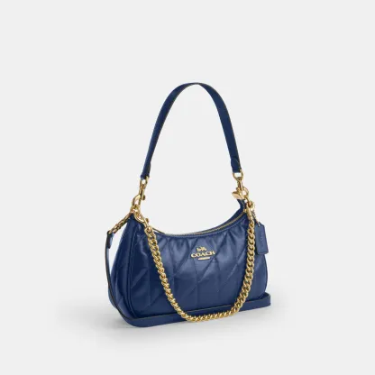 COACH®,Teri Shoulder Bag With Quilting,Recycled Polyester,Leather,Shoulder Bag,Metal,Logo,Silver Metal,Casual,Blue,Angle View