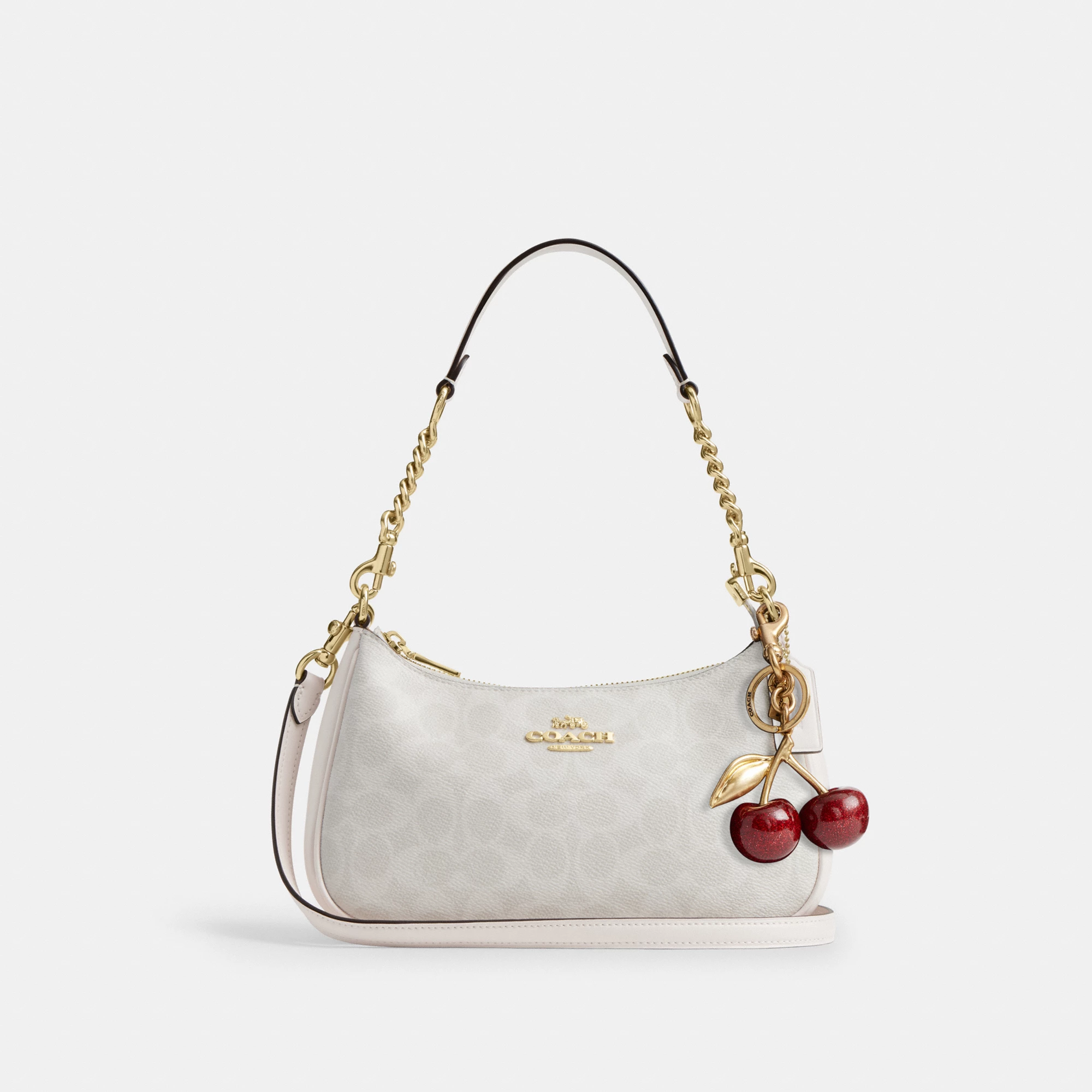 COACH®,Teri Shoulder Bag In Signature Canvas,Shoulder Bag,Logo,Tag Embellishment,Embossed,Metal,Casual,Gray,Angle View