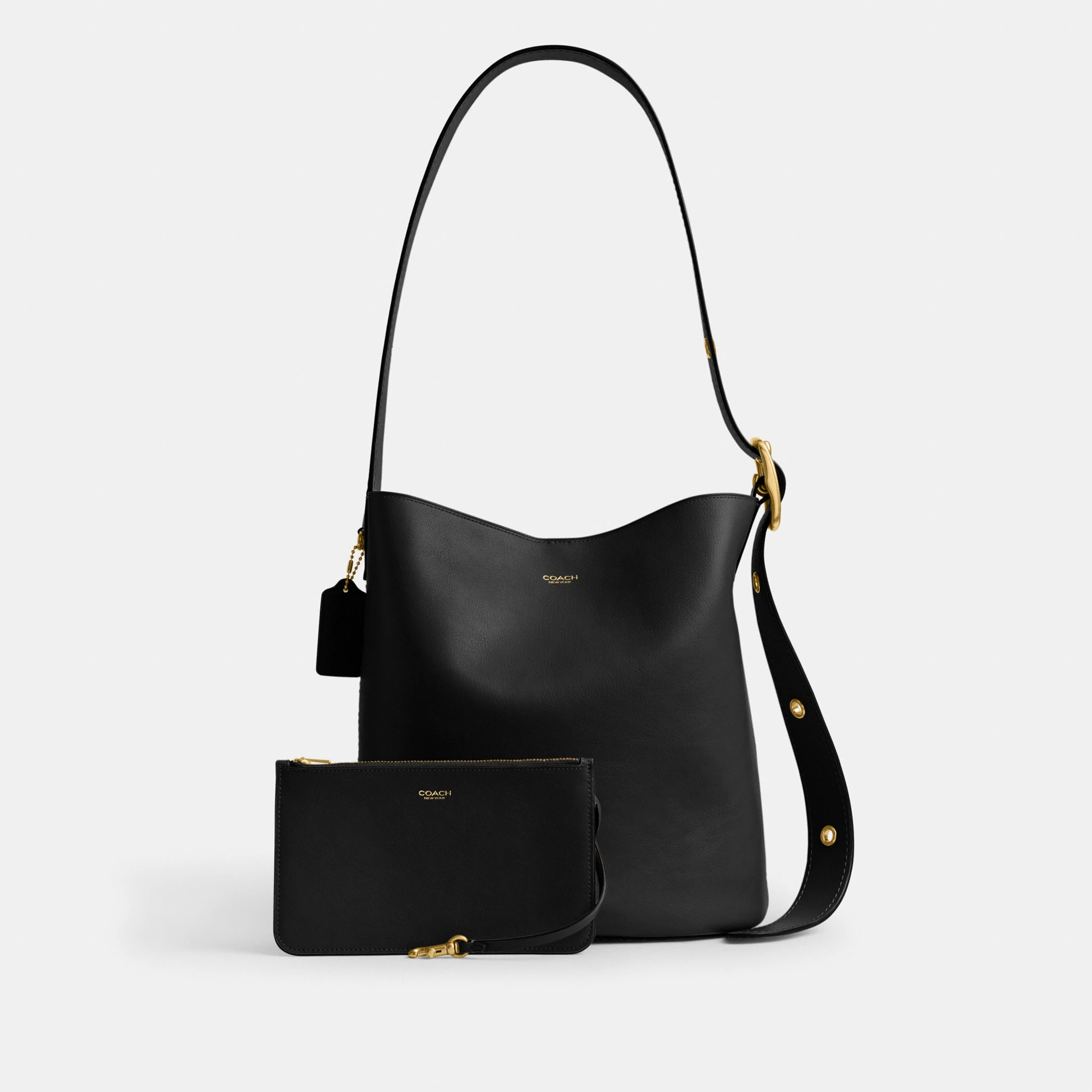 COACH®,Bleecker Bucket Bag,Leather,Bucket,Adjustable,Gold Metal,Casual,Black,Angle View