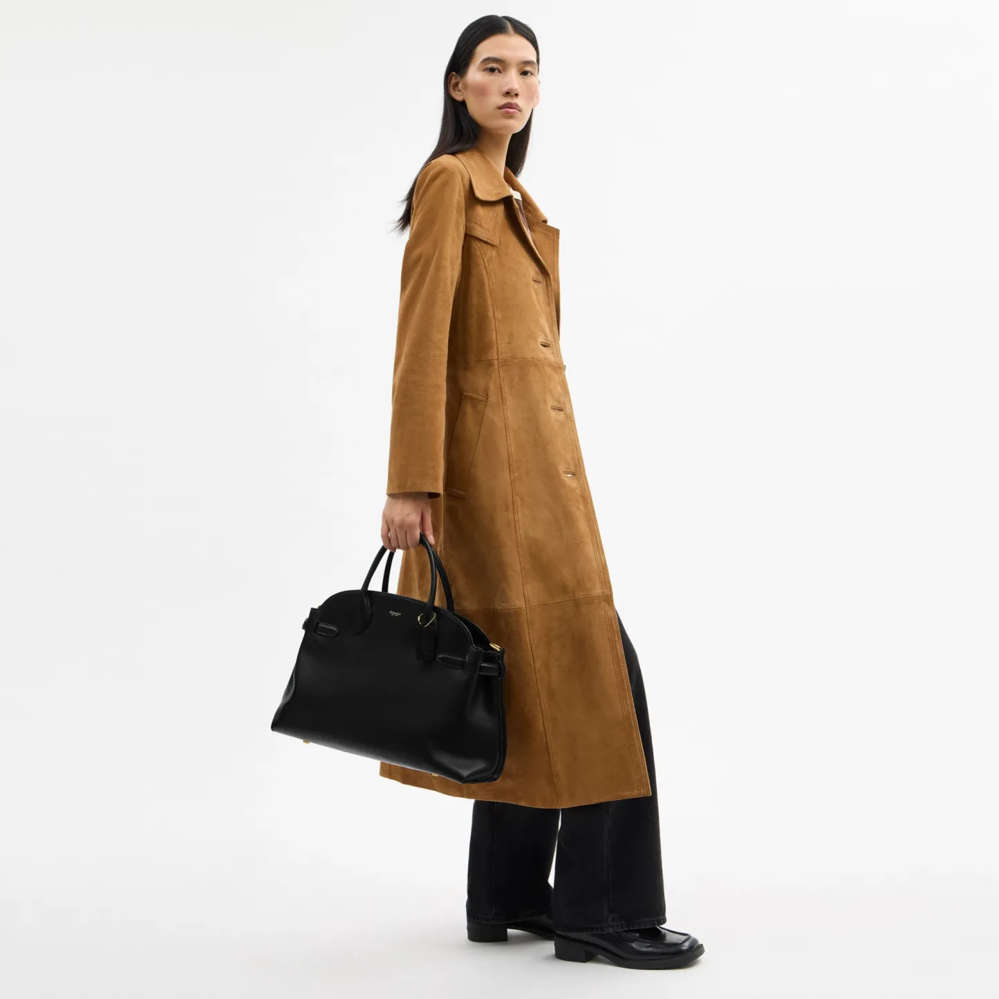 COACH®,Soft Empire Carryall Bag 40,Leather,Carryall,Logo,Gusset,Gold Metal,Work,Black,Detail View