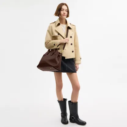 COACH®,Soft Empire Carryall Bag 40,Leather,Carryall,Logo,Gusset,Gold Metal,Work,Brown,Detail View