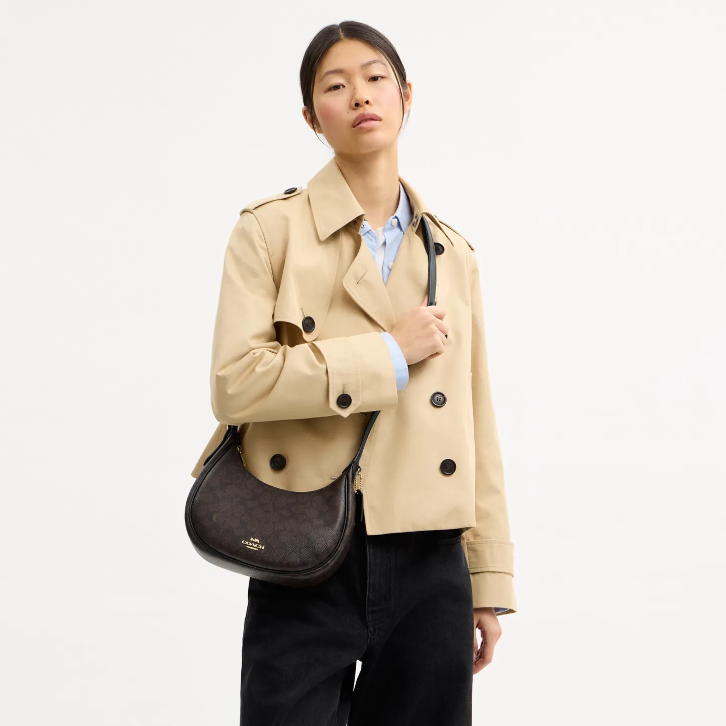 COACH®,Emily Shoulder Bag In Signature Canvas,Leather,Recycled Polyester,Canvas,Shoulder Bag,Metal,Pendant,Piping,Logo,Sus...,Black