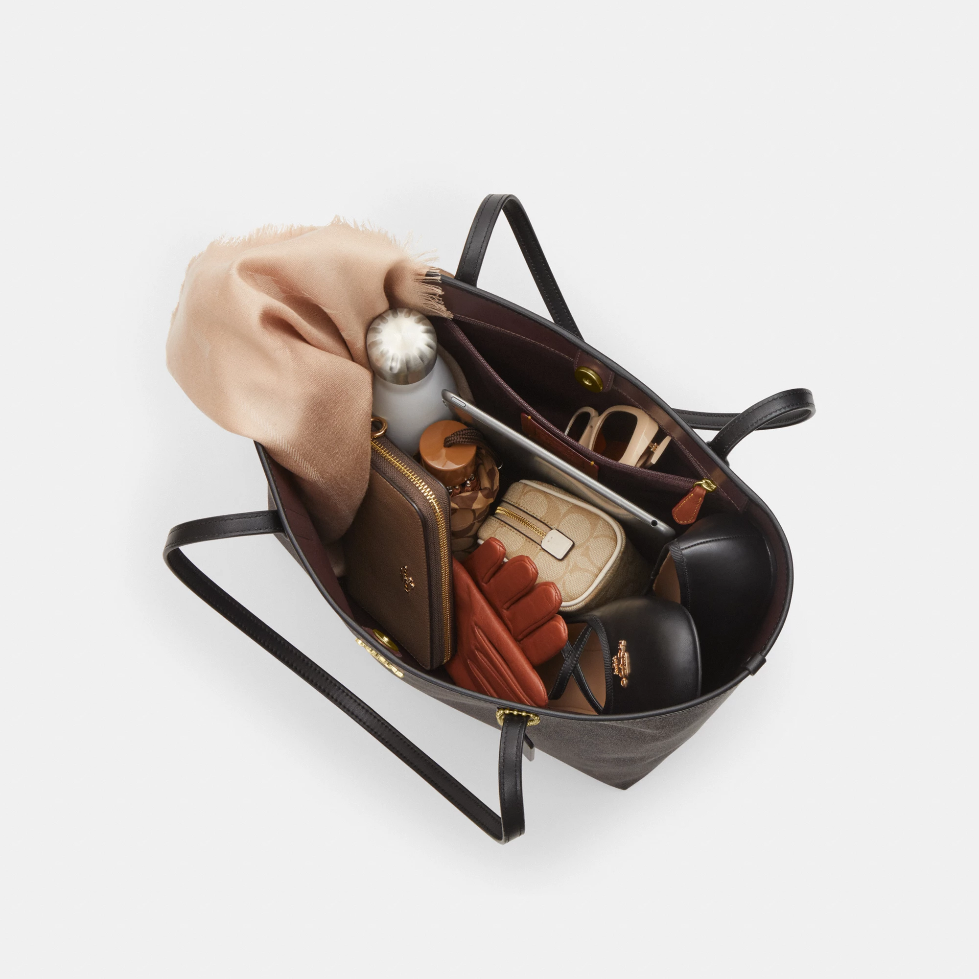 COACH®,City Tote Bag In Signature Canvas,Tote,Metal,Tag Embellishment,Color Block,Embossed,Piping,Logo,Casual,Multi Color,Inside View,Top View