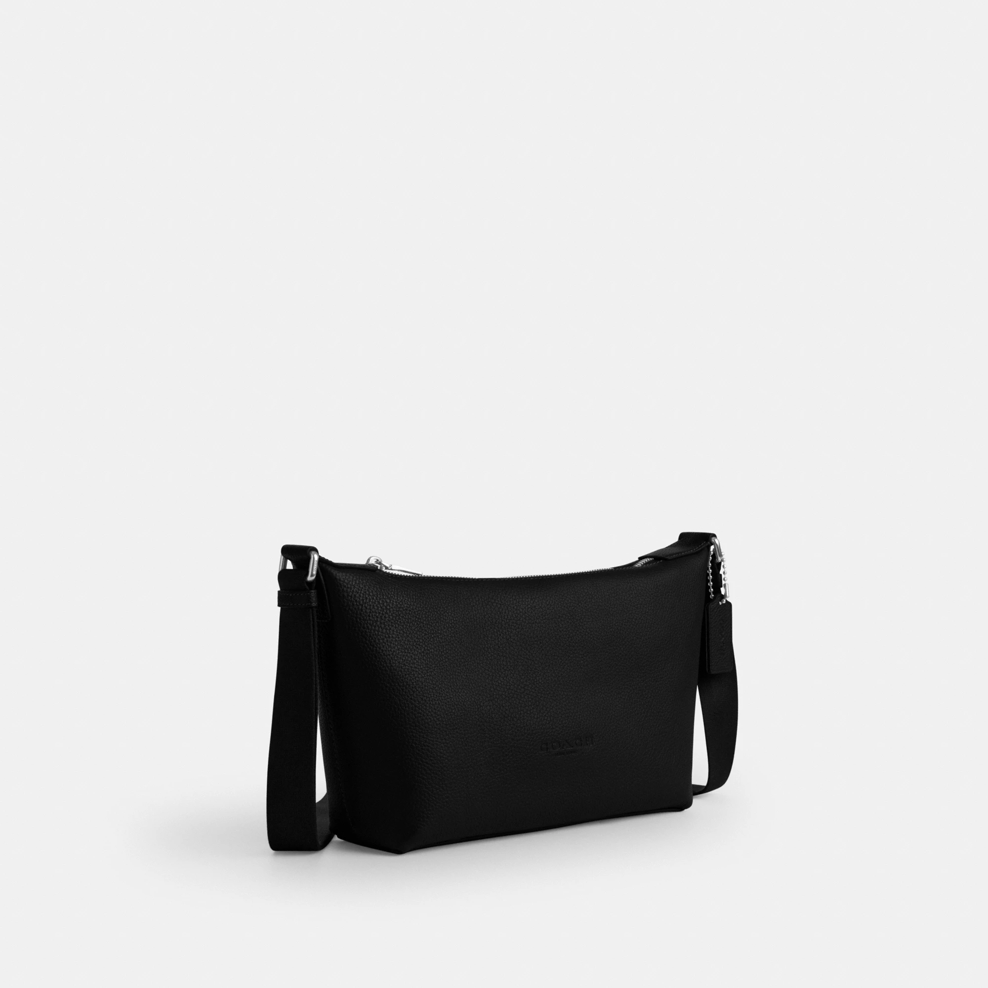 COACH®,Small Finn Crossbody Bag With Pouch,Leather,Recycled Polyester,Crossbody,Pouch,Logo,Set,Adjustable,Silver Metal,Casual,Black,Angle View