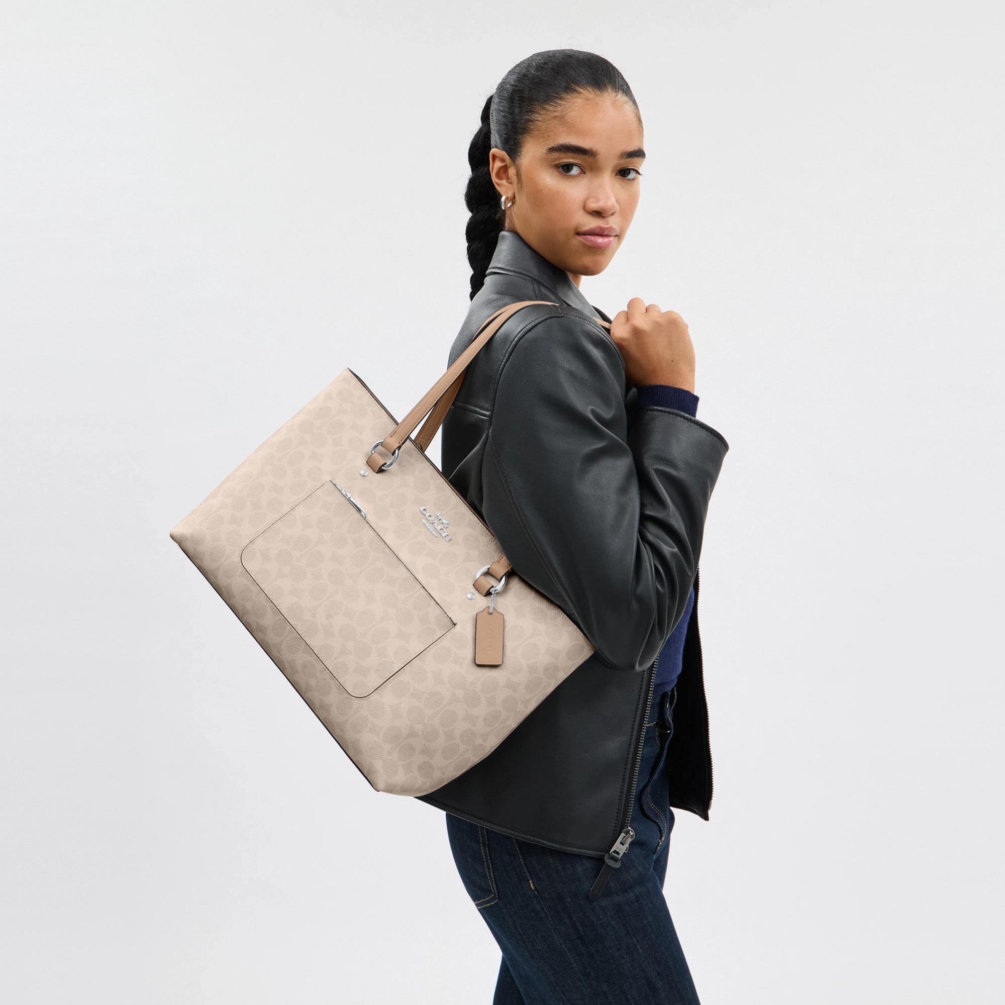 COACH®,Station Tote Bag In Signature Canvas,Canvas,Fabric,Mixed Media,Leather,Tote,Logo,Pattern,Luggage Tag,Lined,Silver M...,Multi Color,Detail View