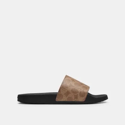 COACH®,Udele Sport Slide In Signature Canvas,Canvas,Rubber,EVA,Slides,Plastic,Word Embellishment,Logo,Pull Tab,Casual,Brown,Angle View