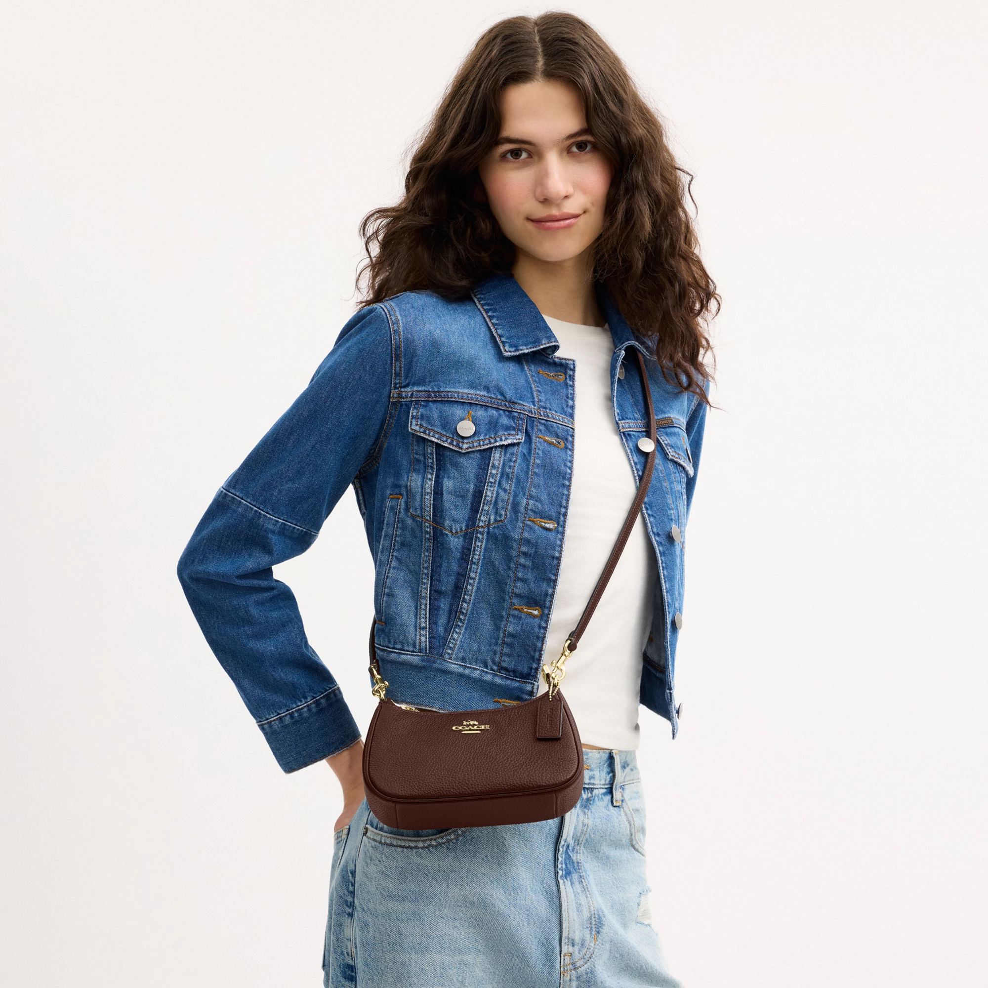 COACH®,Teri Mini Crossbody Bag,Leather,Recycled Polyester,Crossbody,Logo,Adjustable,Compact,Gold Metal,Casual,Brown