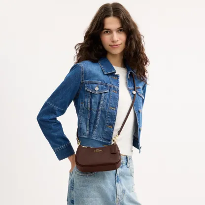 COACH®,Teri Mini Crossbody Bag,Leather,Recycled Polyester,Crossbody,Logo,Adjustable,Compact,Gold Metal,Casual,Brown