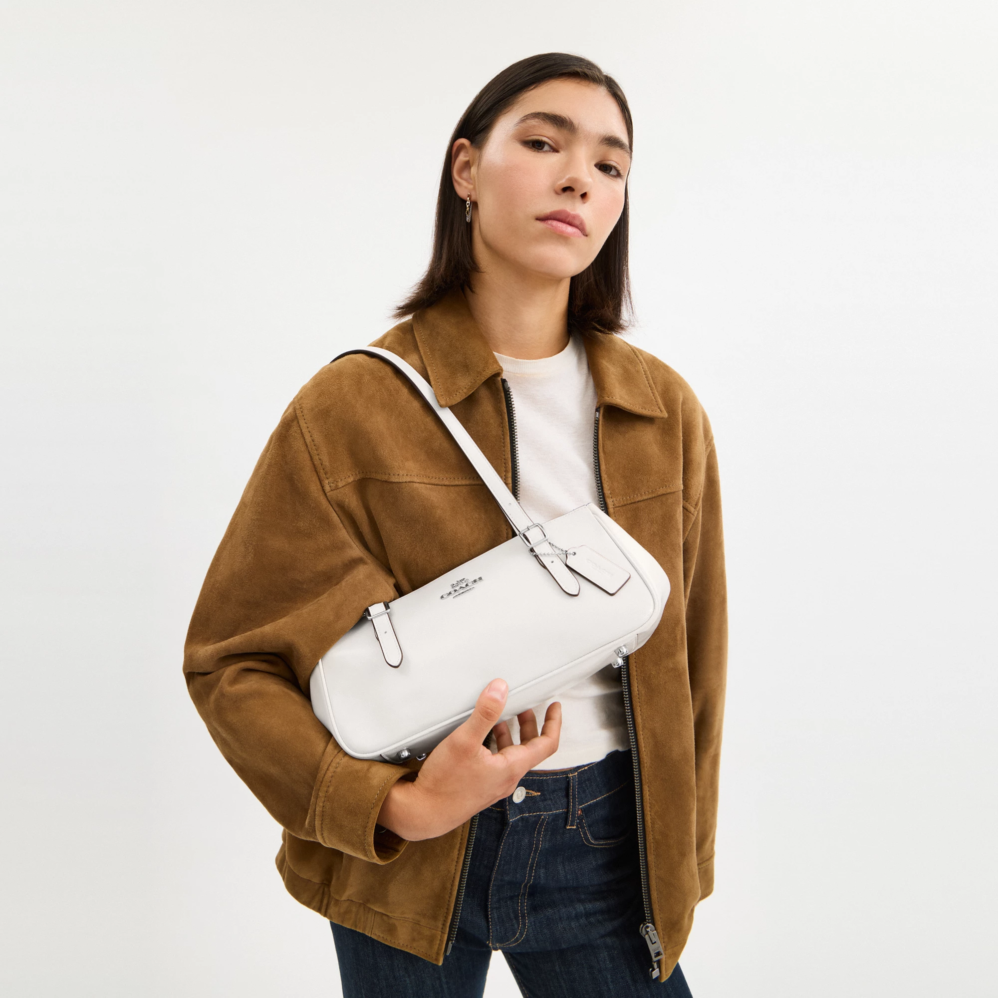COACH®,Asher Shoulder Bag,Leather,Shoulder Bag,Logo,Metal,Luggage Tag,Adjustable,Compact,Key Ring,Lined,Silver Metal,Casual,White,Detail View