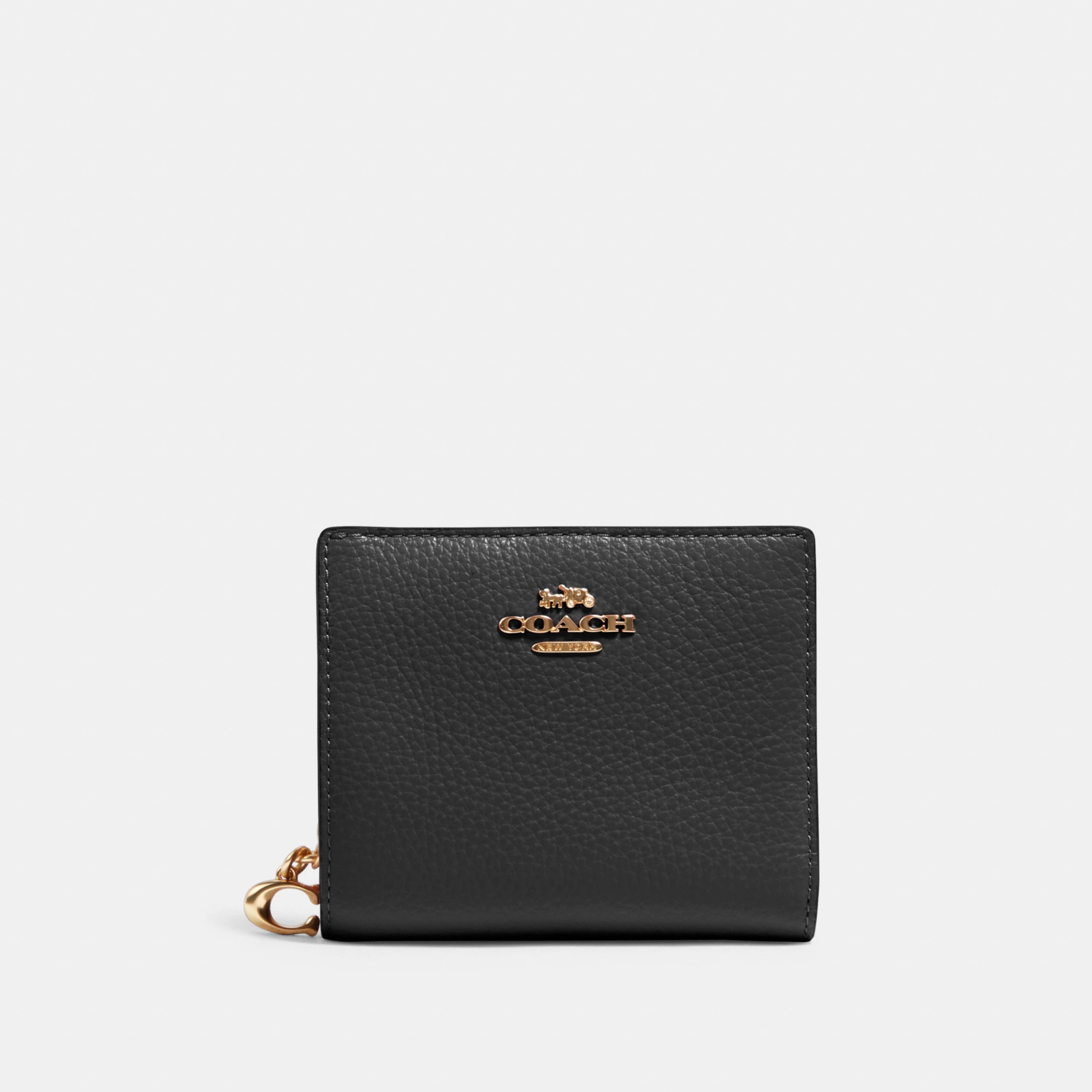 COACH®,Snap Wallet,Leather,Bi Fold,Gold Metal,Casual,Black,Front View
