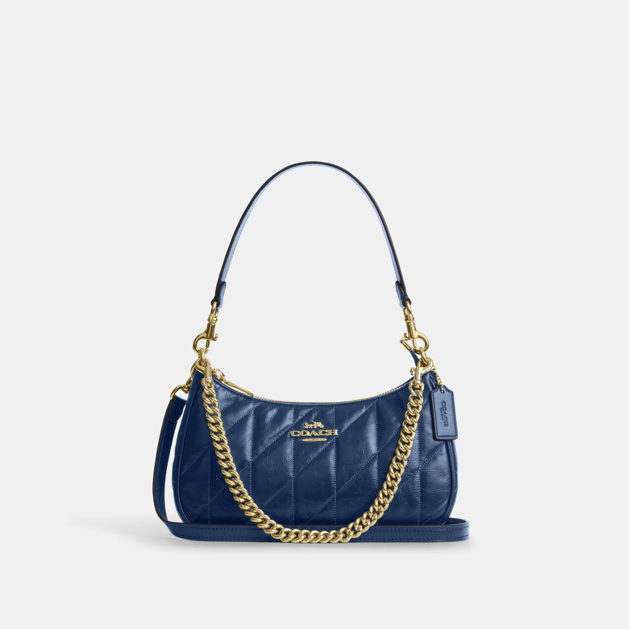 COACH®,Teri Shoulder Bag With Quilting,Recycled Polyester,Leather,Shoulder Bag,Metal,Logo,Silver Metal,Casual,Blue,Front View