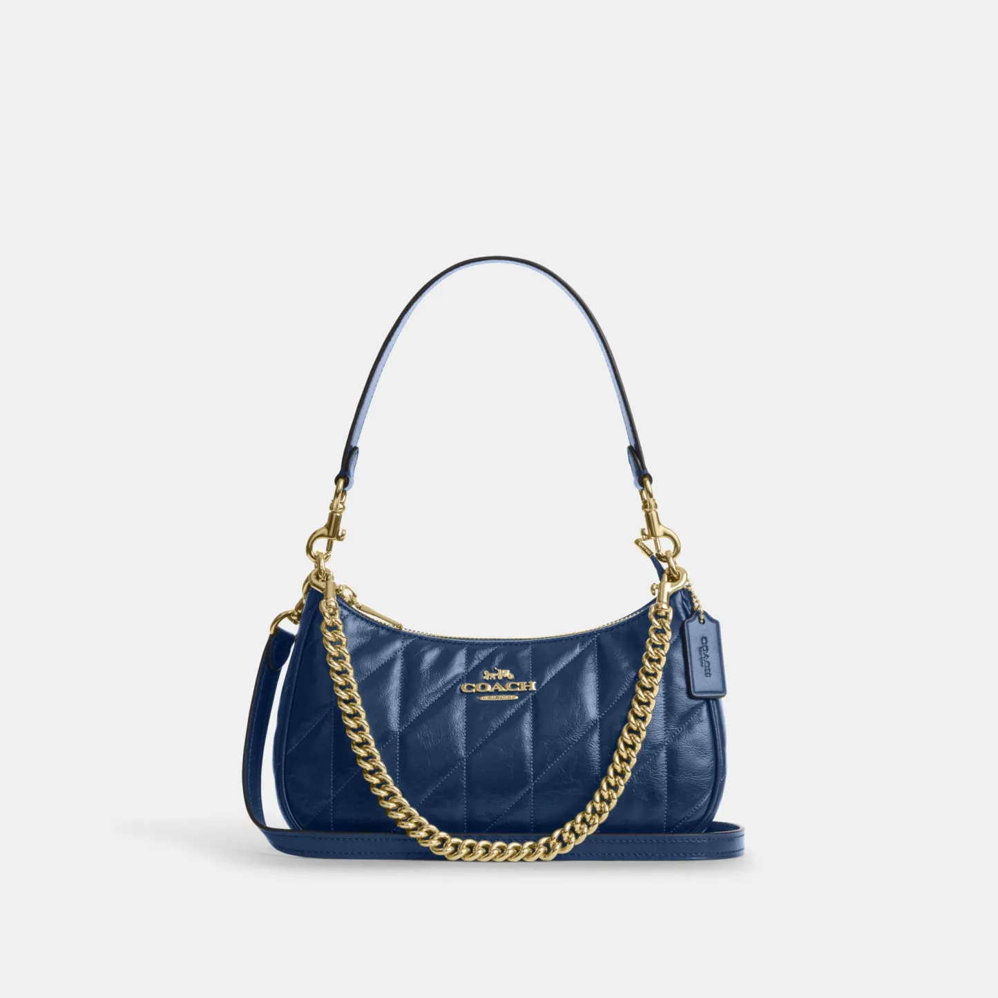 COACH®,Teri Shoulder Bag With Quilting,Recycled Polyester,Leather,Shoulder Bag,Metal,Logo,Silver Metal,Casual,Blue,Front View