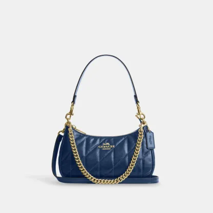COACH®,Teri Shoulder Bag With Quilting,Recycled Polyester,Leather,Shoulder Bag,Metal,Logo,Silver Metal,Casual,Blue,Front View