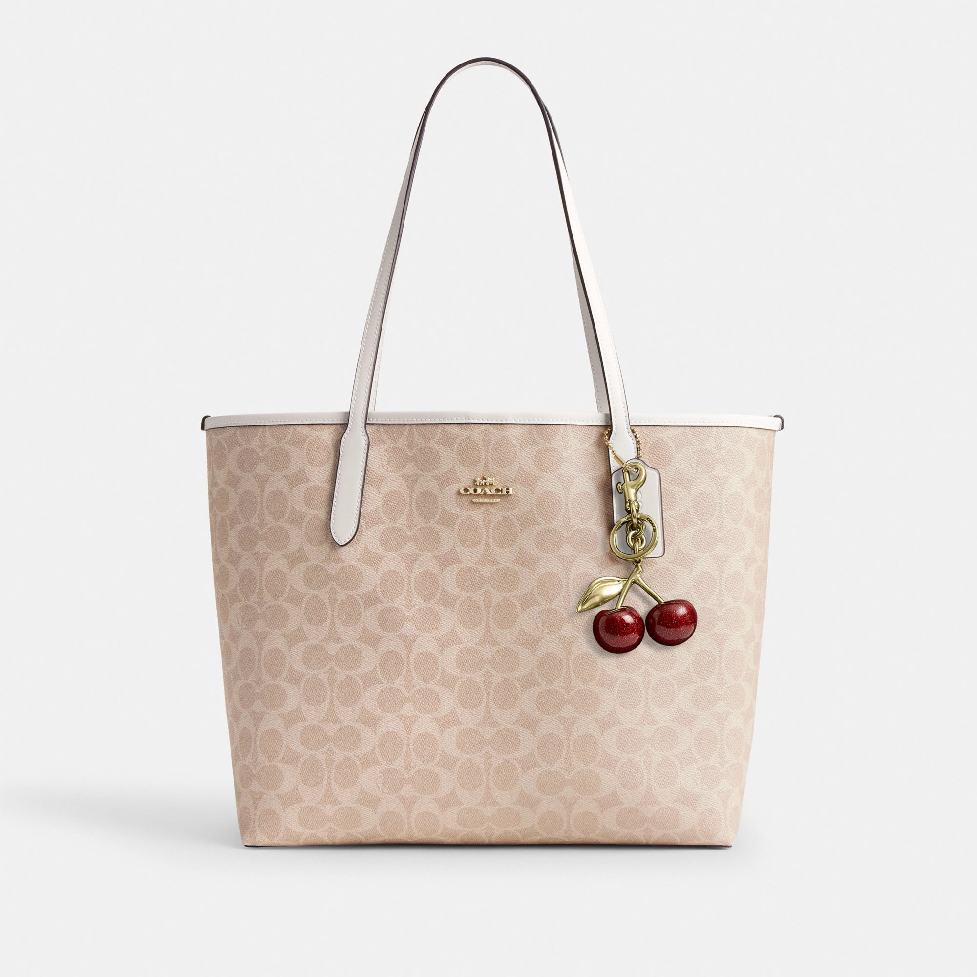COACH®,City Tote Bag In Signature Canvas,Tote,Metal,Tag Embellishment,Color Block,Embossed,Piping,Logo,Casual,Beige,Angle View