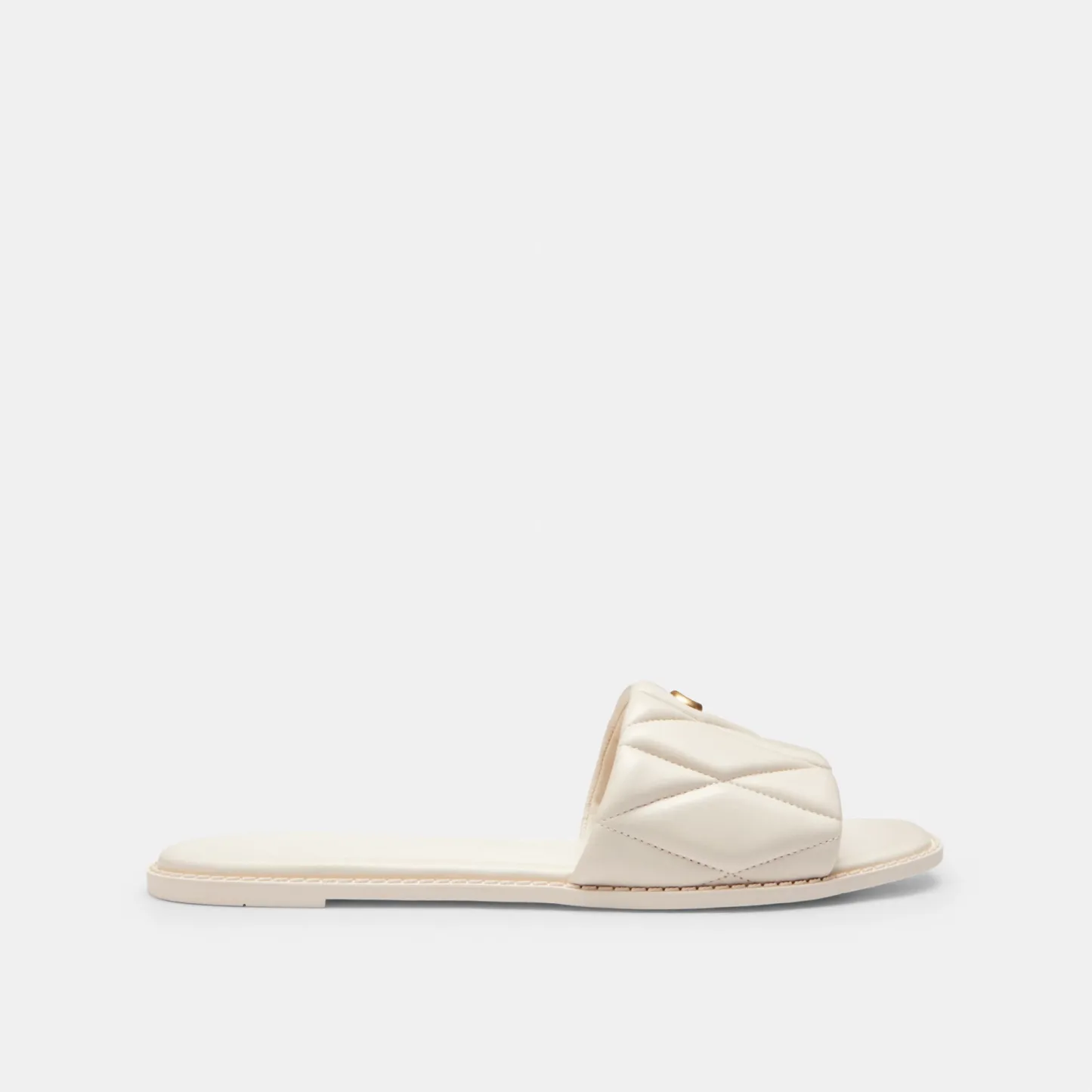 COACH®,Holly Sandal With Quilting,Rubber,Leather,Slides,Metal,Logo,Traction,Cushioned,Casual,Cream,Angle View