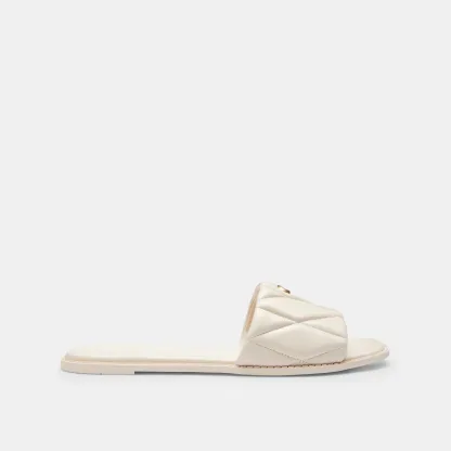 COACH®,Holly Sandal With Quilting,Rubber,Leather,Slides,Metal,Logo,Traction,Cushioned,Casual,Cream,Angle View