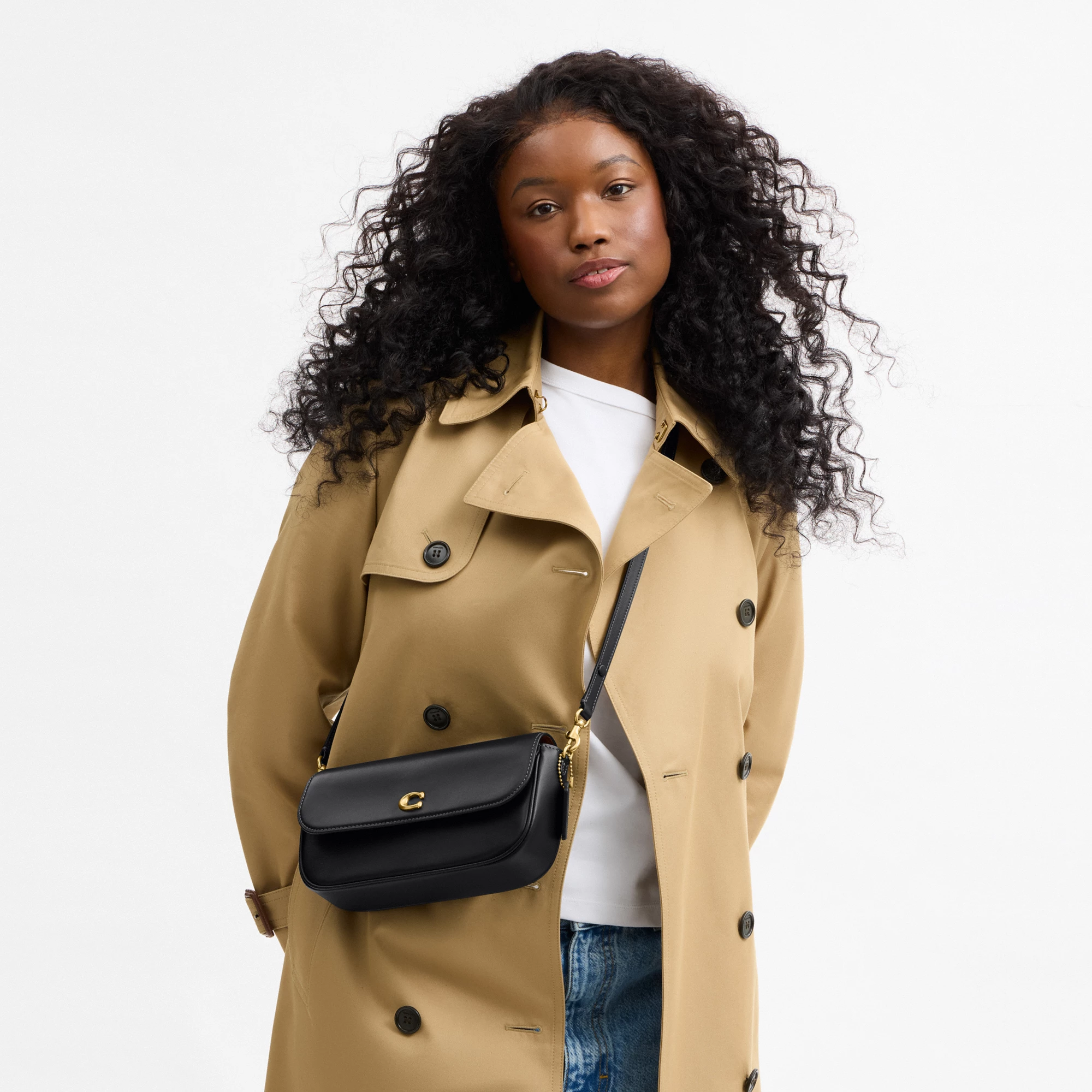 COACH®,Brook Flap Chain Bag,Calfskin Leather,Leather,Fabric,Shoulder Bag,Logo,Metal,Compact,Adjustable,Shoulder Guard,Gold...,Black
